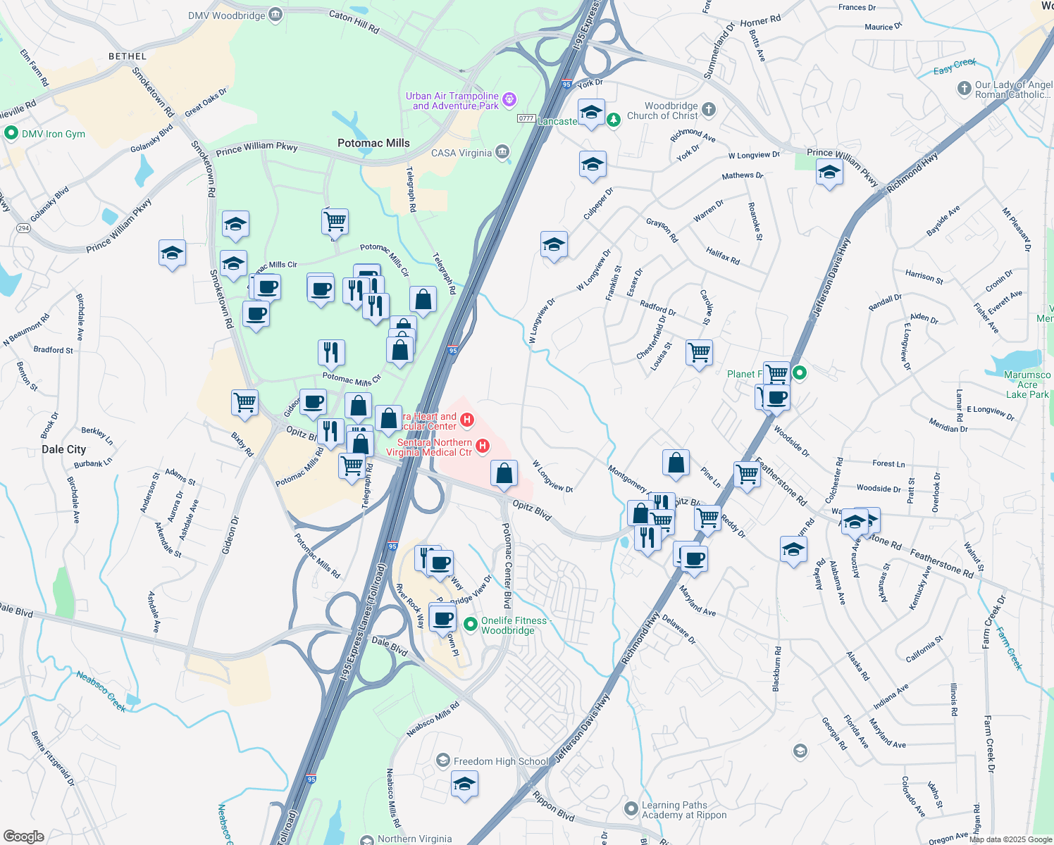 map of restaurants, bars, coffee shops, grocery stores, and more near 2240 West Longview Drive in Woodbridge