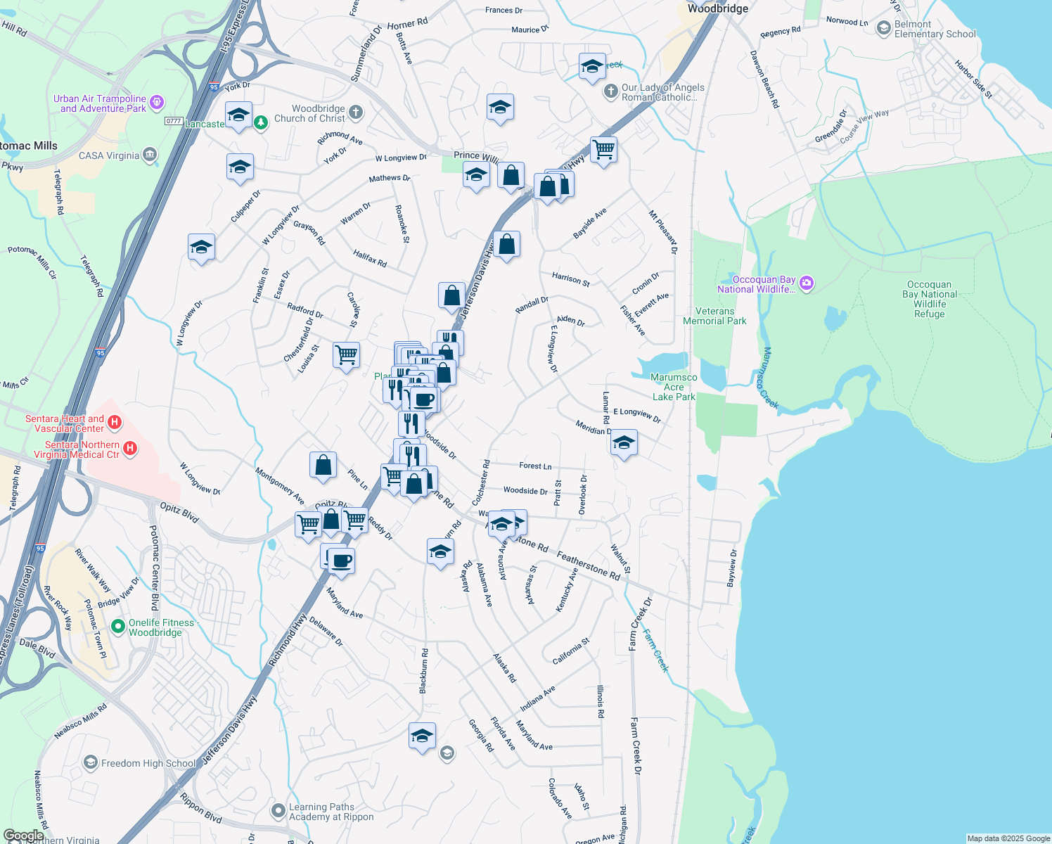 map of restaurants, bars, coffee shops, grocery stores, and more near 14419 Colchester Rd in Woodbridge