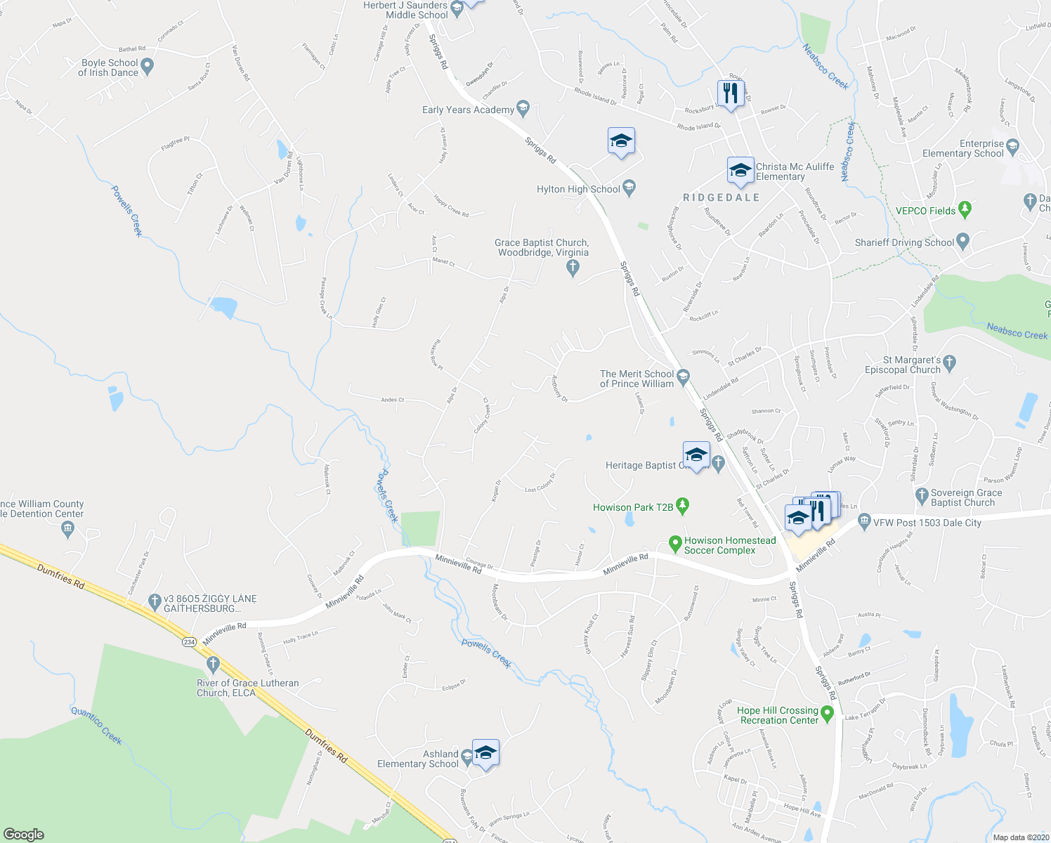 map of restaurants, bars, coffee shops, grocery stores, and more near 14660 Kogan Drive in Woodbridge