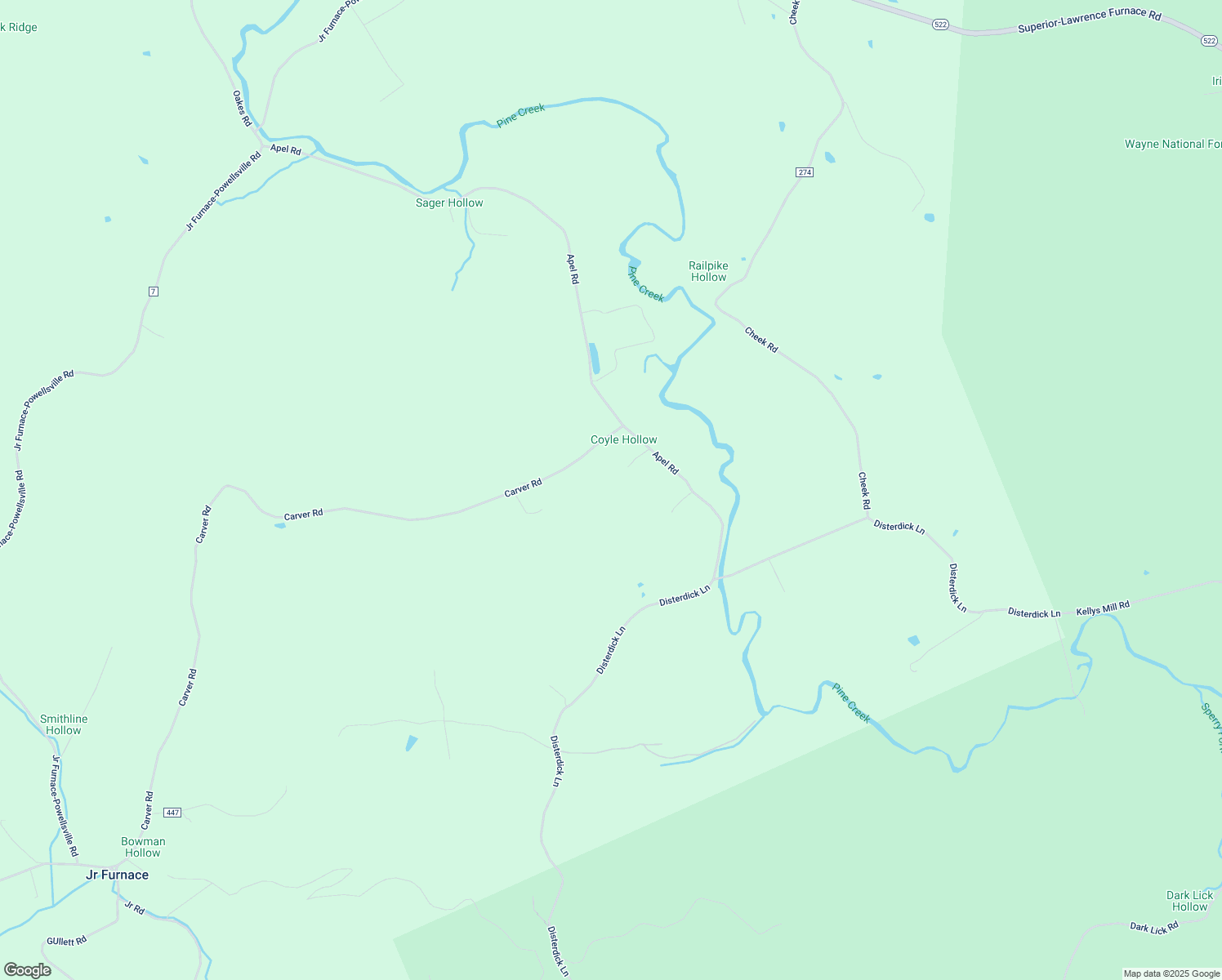 map of restaurants, bars, coffee shops, grocery stores, and more near 459 Apel Road in Franklin Furnace