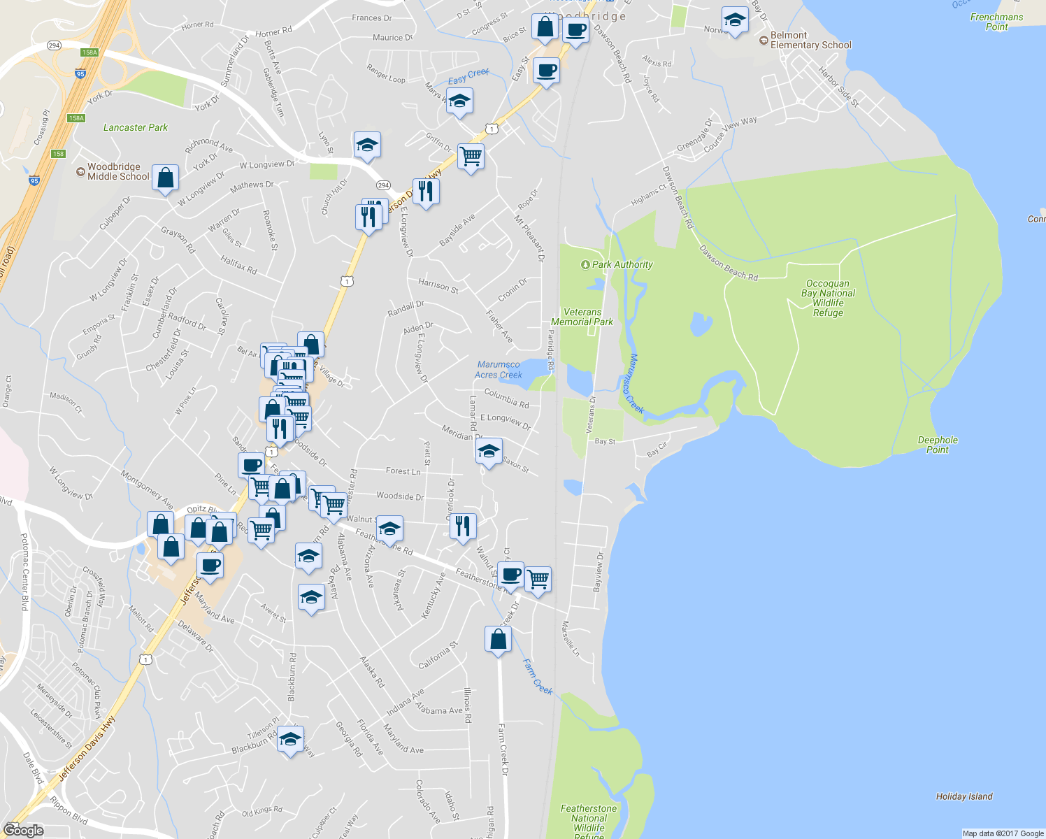 map of restaurants, bars, coffee shops, grocery stores, and more near 1209 East Longview Drive in Woodbridge