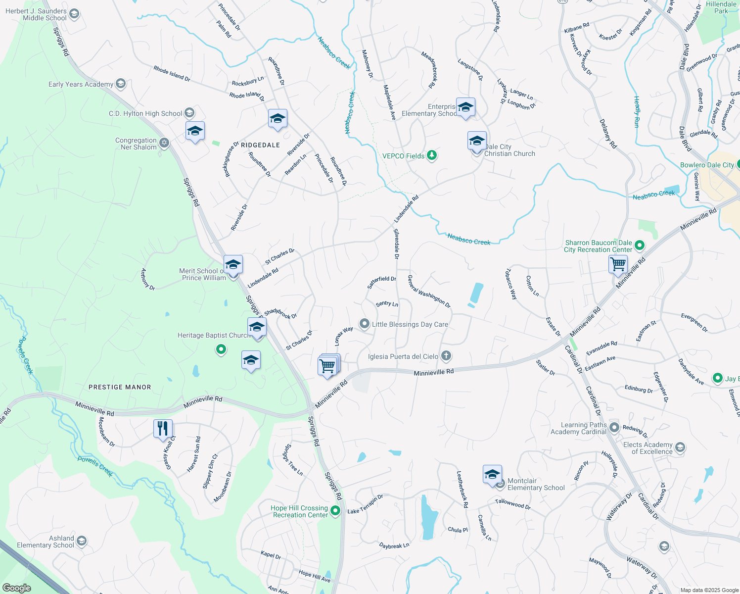 map of restaurants, bars, coffee shops, grocery stores, and more near 14675 Stratford Drive in Woodbridge