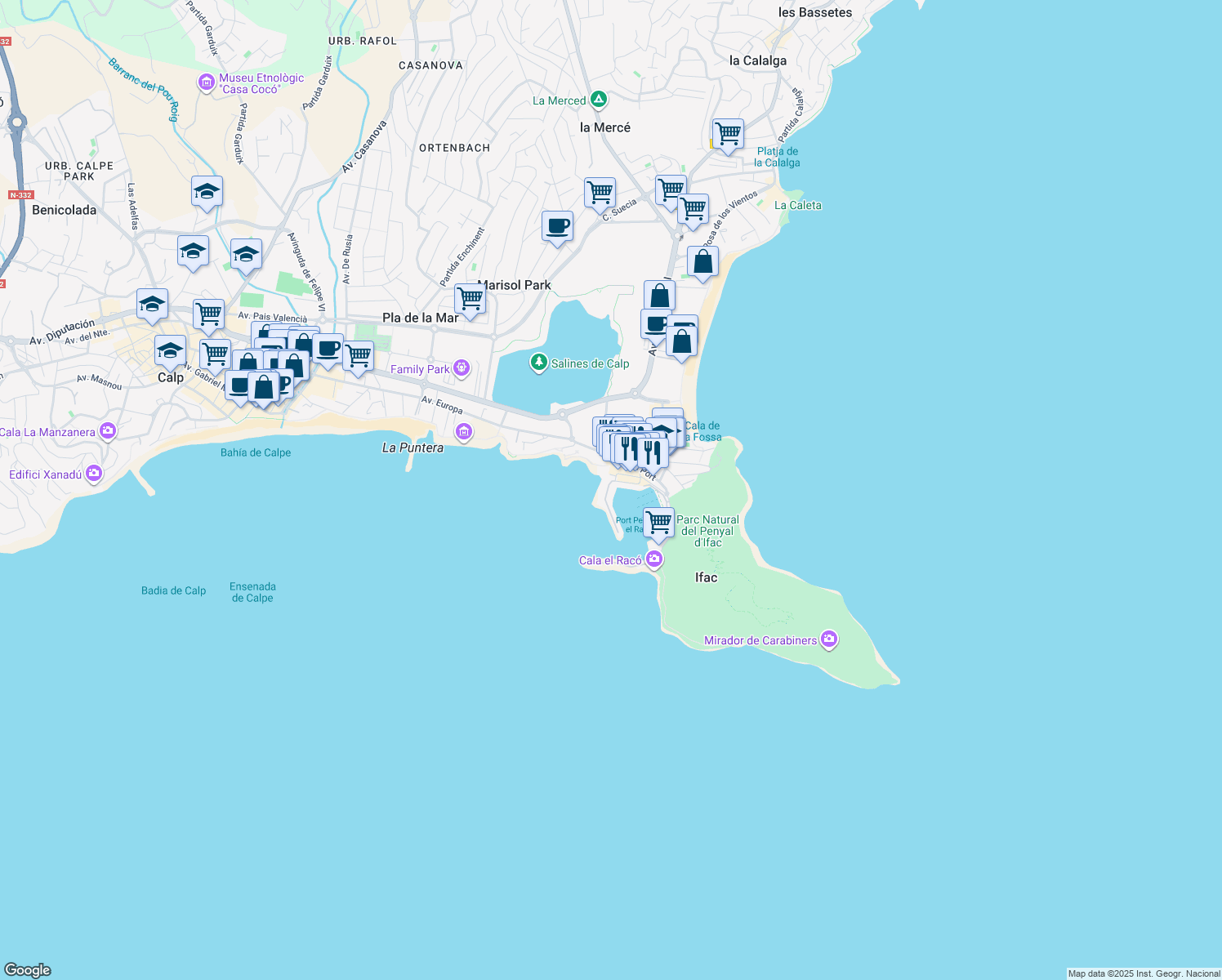 map of restaurants, bars, coffee shops, grocery stores, and more near 34 Avenida del Port in Calp