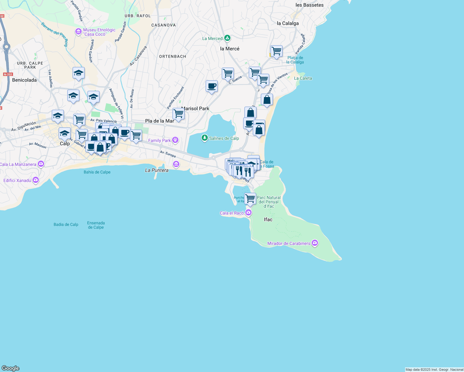 map of restaurants, bars, coffee shops, grocery stores, and more near 34 Avenida del Port in Calpe