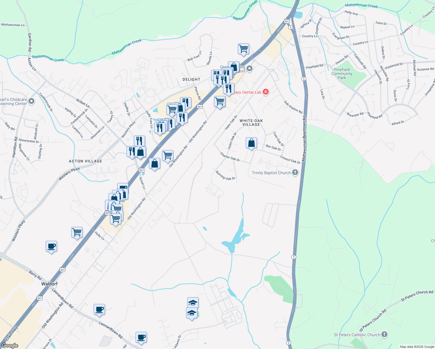map of restaurants, bars, coffee shops, grocery stores, and more near 2713 Burning Oak Drive in Waldorf