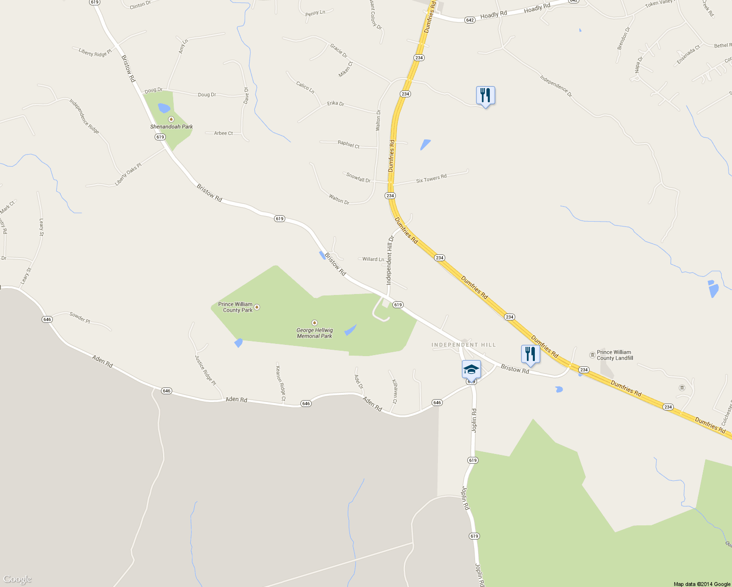 map of restaurants, bars, coffee shops, grocery stores, and more near 14416 Bristow Road in Manassas