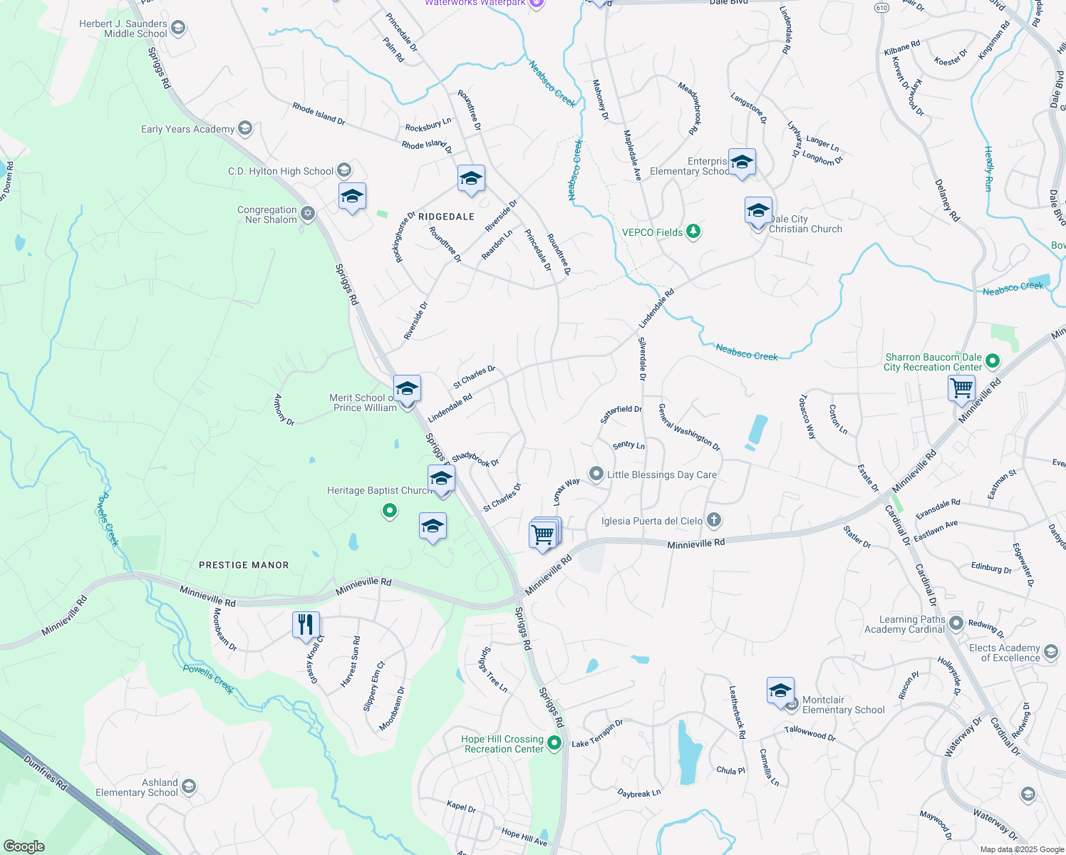 map of restaurants, bars, coffee shops, grocery stores, and more near 14376 Springbrook Court in Woodbridge