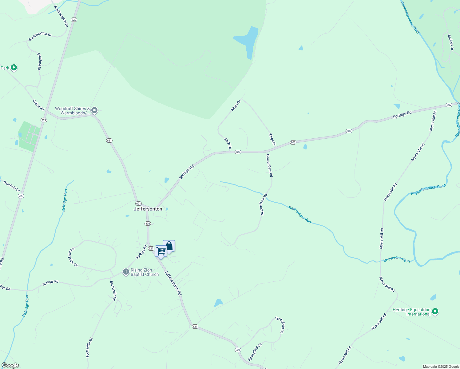 map of restaurants, bars, coffee shops, grocery stores, and more near Springs Road in Jeffersonton