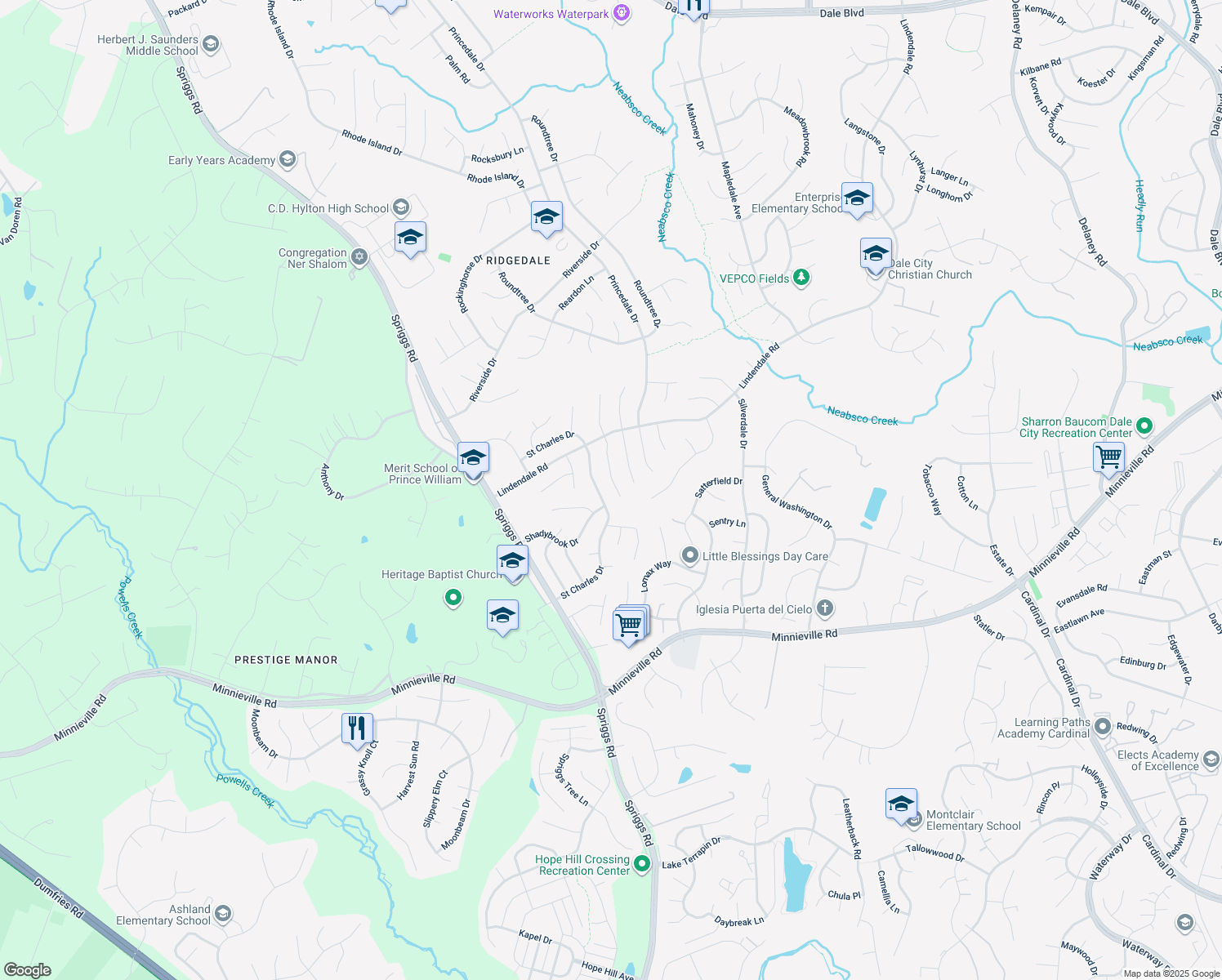 map of restaurants, bars, coffee shops, grocery stores, and more near 14370 Springbrook Ct in Woodbridge