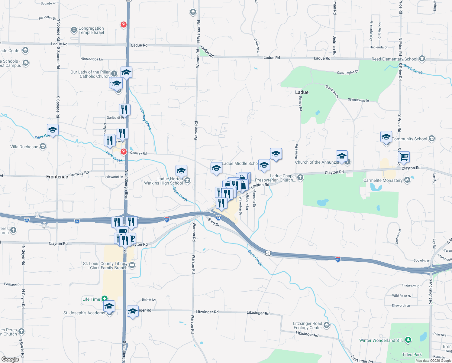 map of restaurants, bars, coffee shops, grocery stores, and more near 4 Glocca Mora Lane in St. Louis