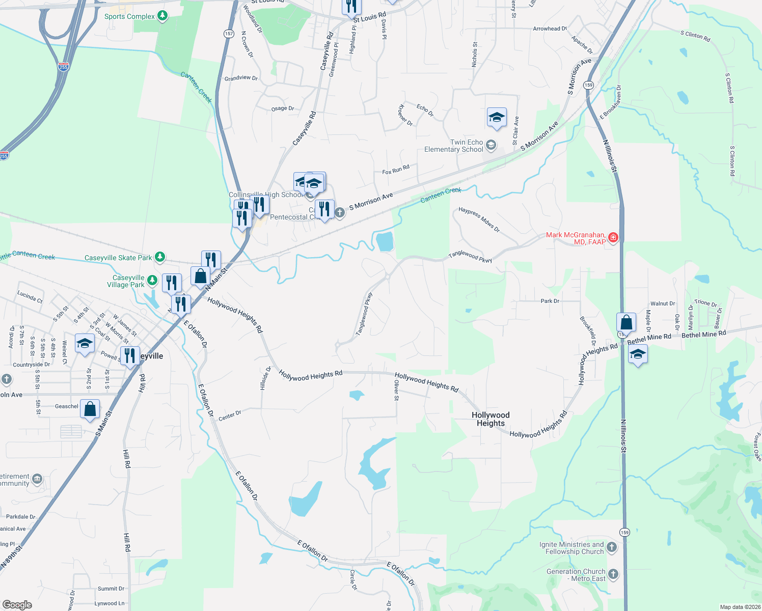 map of restaurants, bars, coffee shops, grocery stores, and more near 983 Half Moon Lane in Caseyville