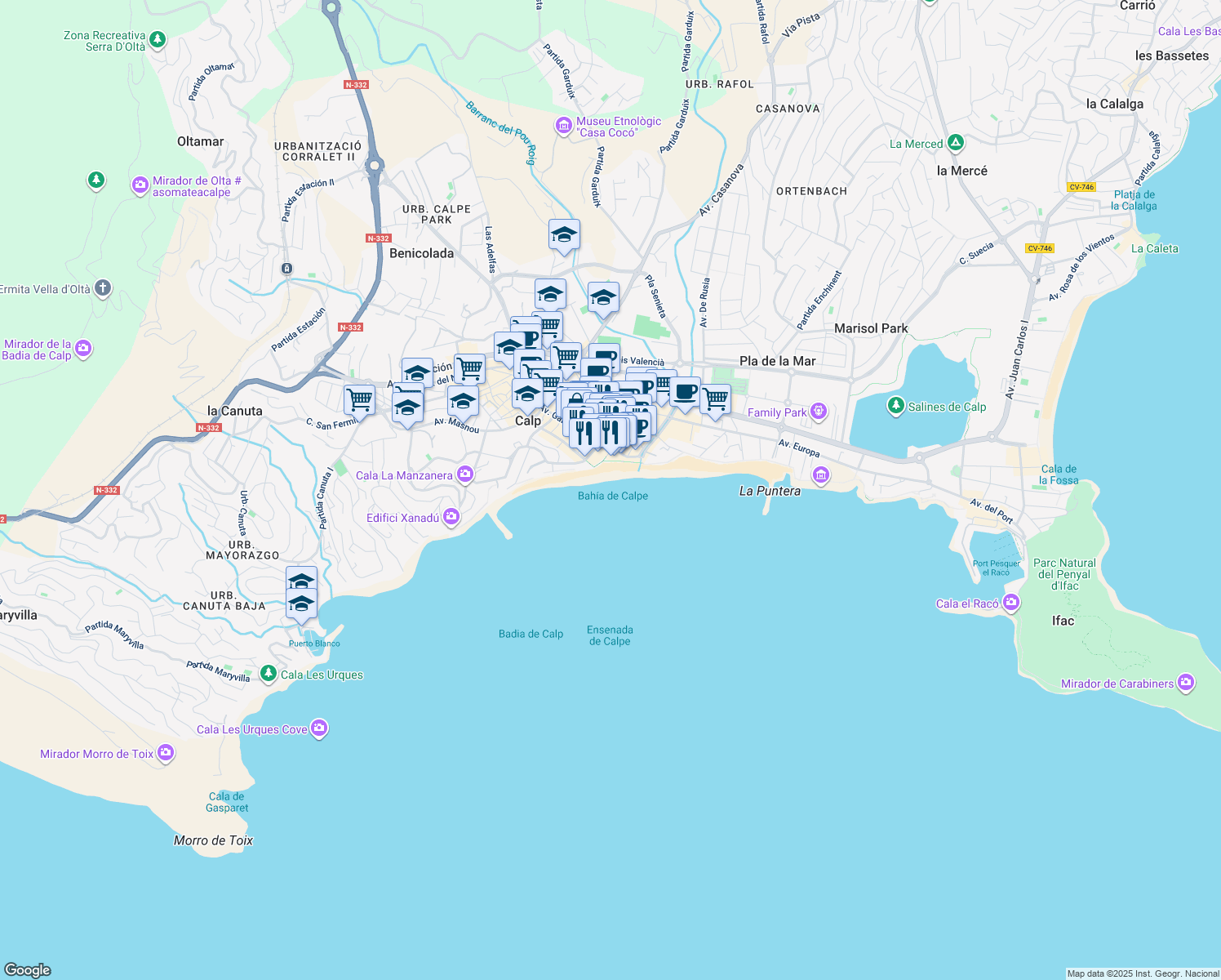 map of restaurants, bars, coffee shops, grocery stores, and more near 2 Carrer Benidorm in Calp