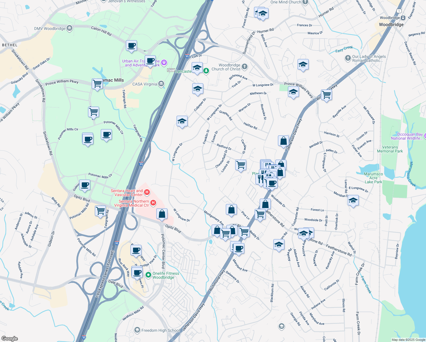 map of restaurants, bars, coffee shops, grocery stores, and more near 14317 Chesterfield Dr in Woodbridge