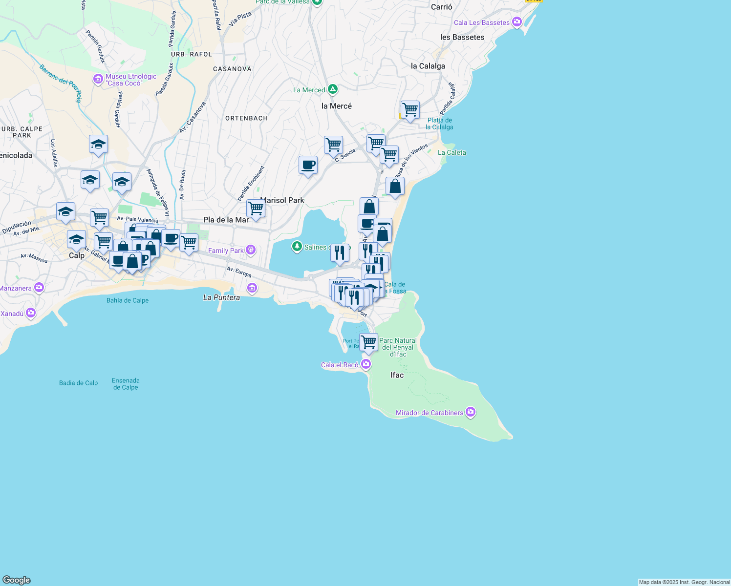 map of restaurants, bars, coffee shops, grocery stores, and more near 4 Calle Teulada in Calpe