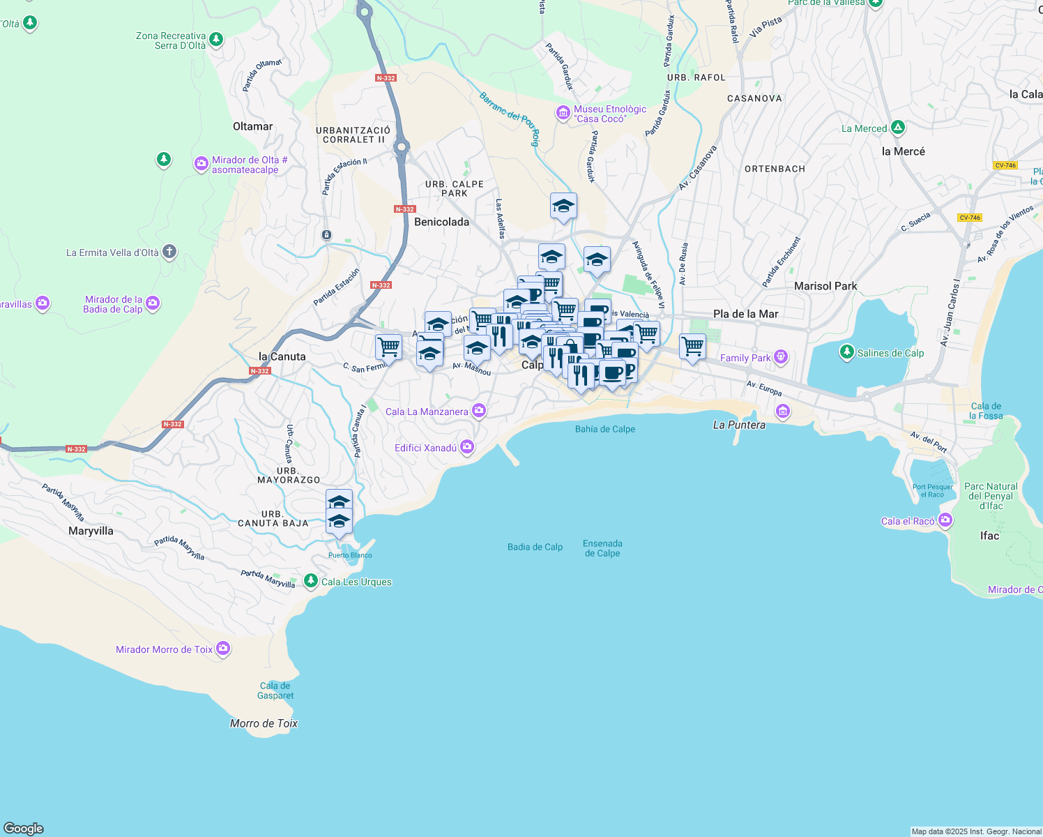 map of restaurants, bars, coffee shops, grocery stores, and more near 9 Calle Proyecto 5 in Calpe