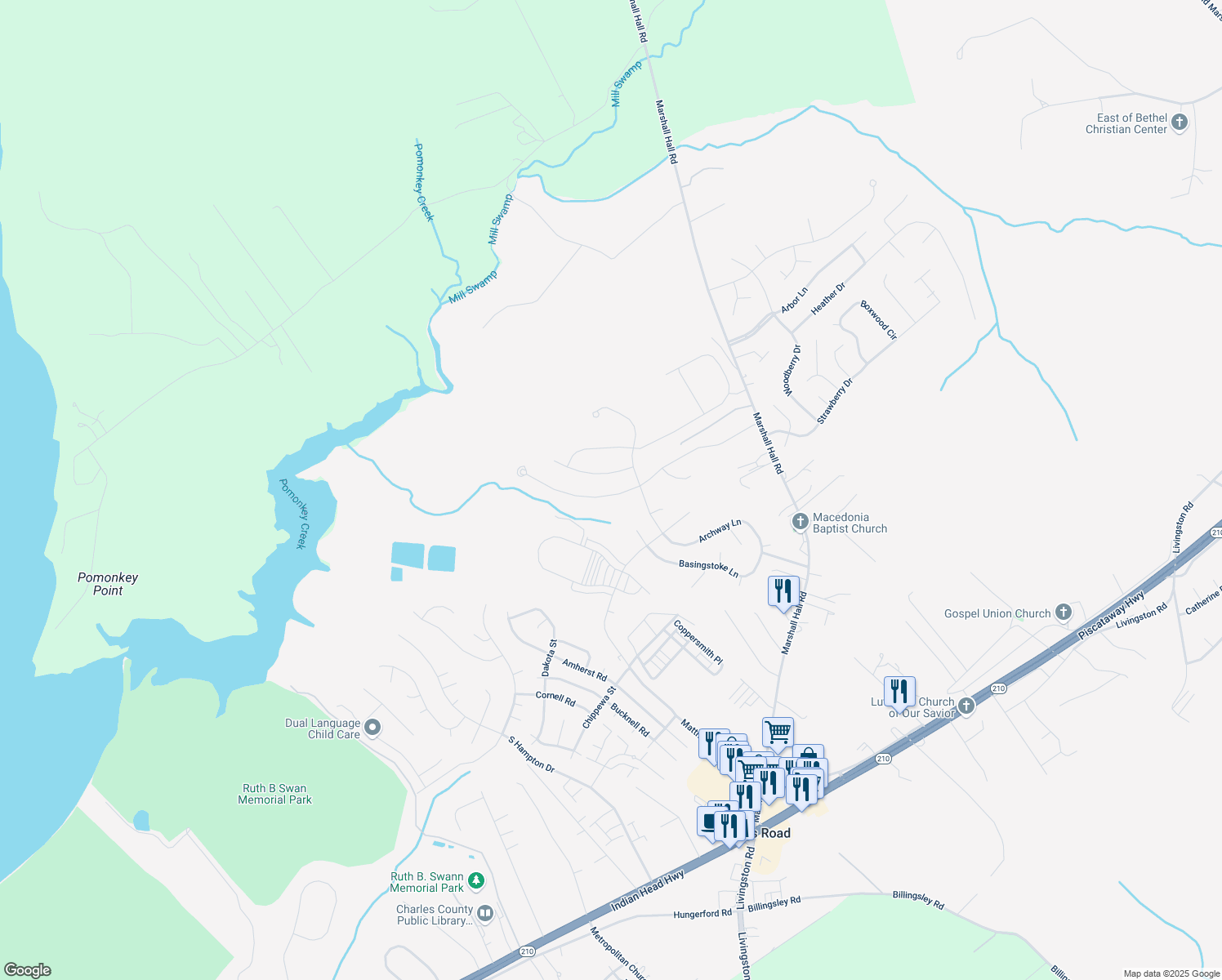 map of restaurants, bars, coffee shops, grocery stores, and more near 6770 McCormick Drive in Bryans Road