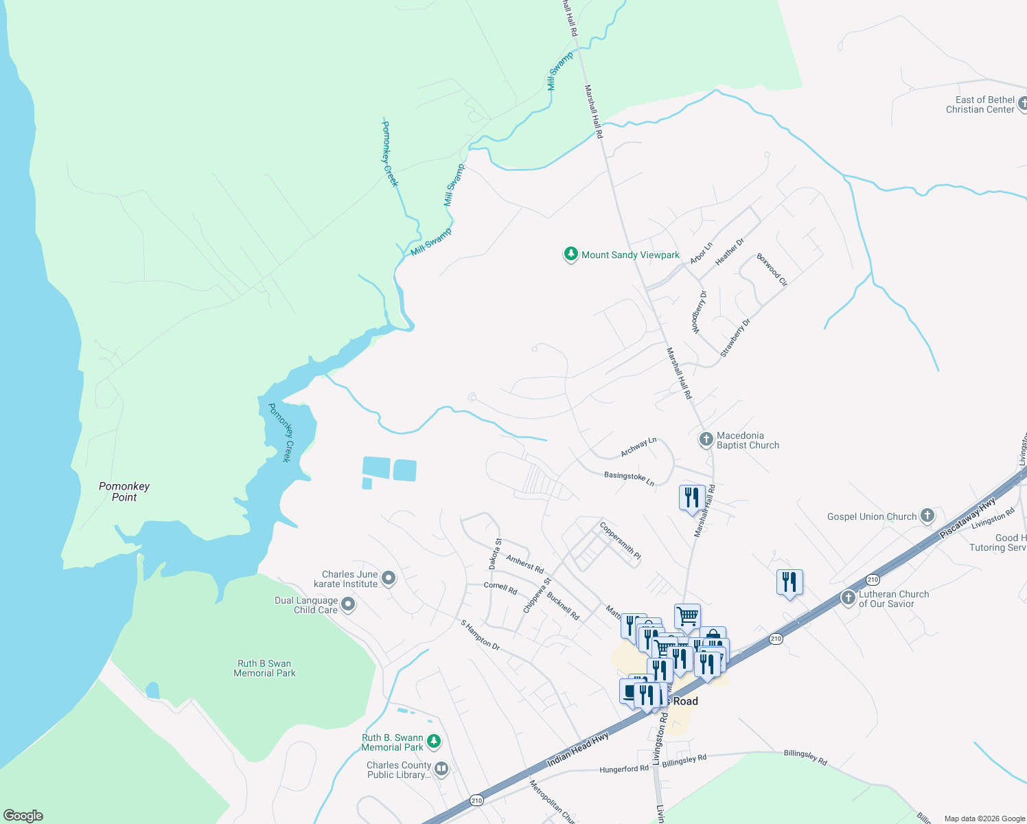 map of restaurants, bars, coffee shops, grocery stores, and more near 6734 McCormick Drive in Bryans Road