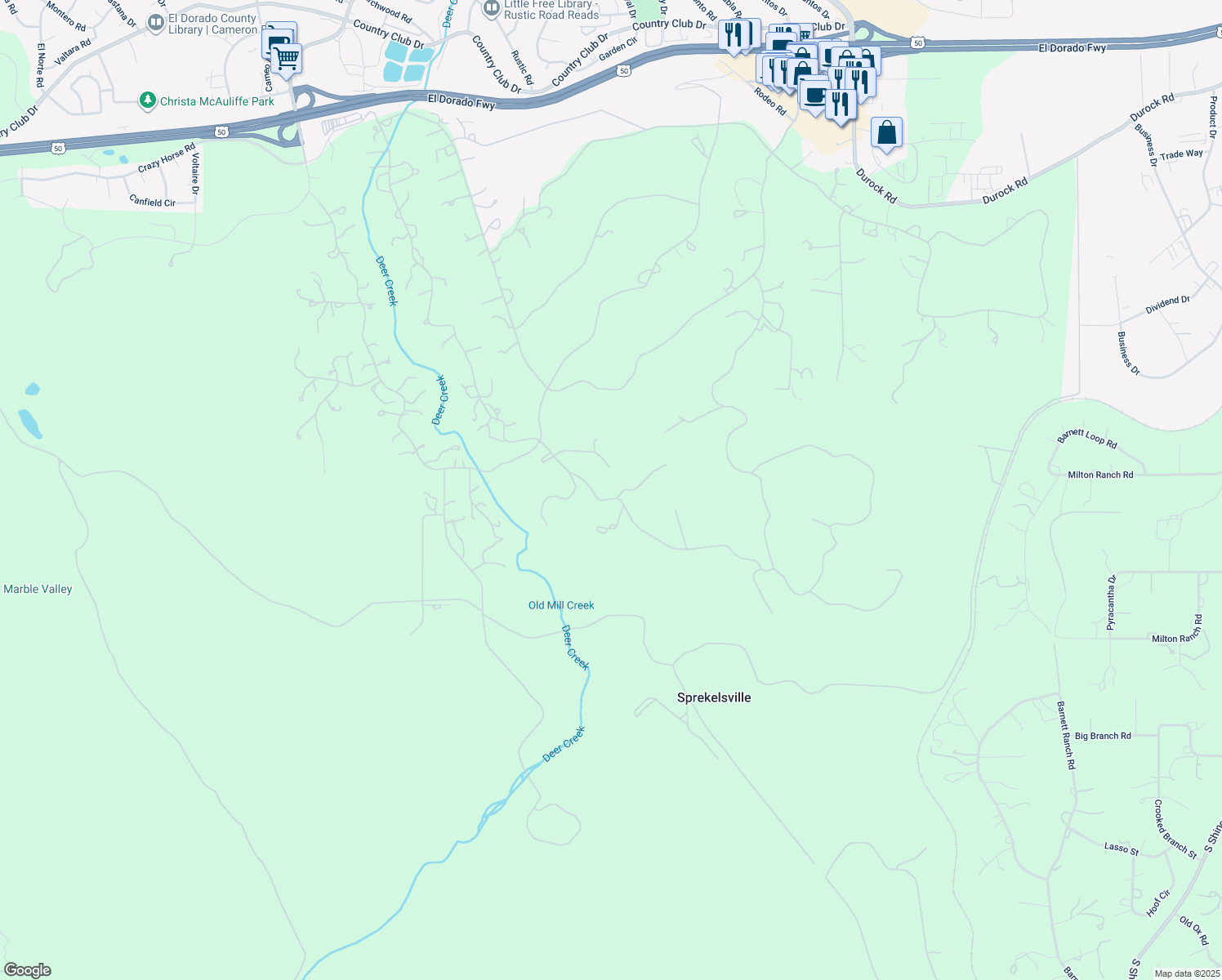 map of restaurants, bars, coffee shops, grocery stores, and more near 4601 Cameron Road in Cameron Park
