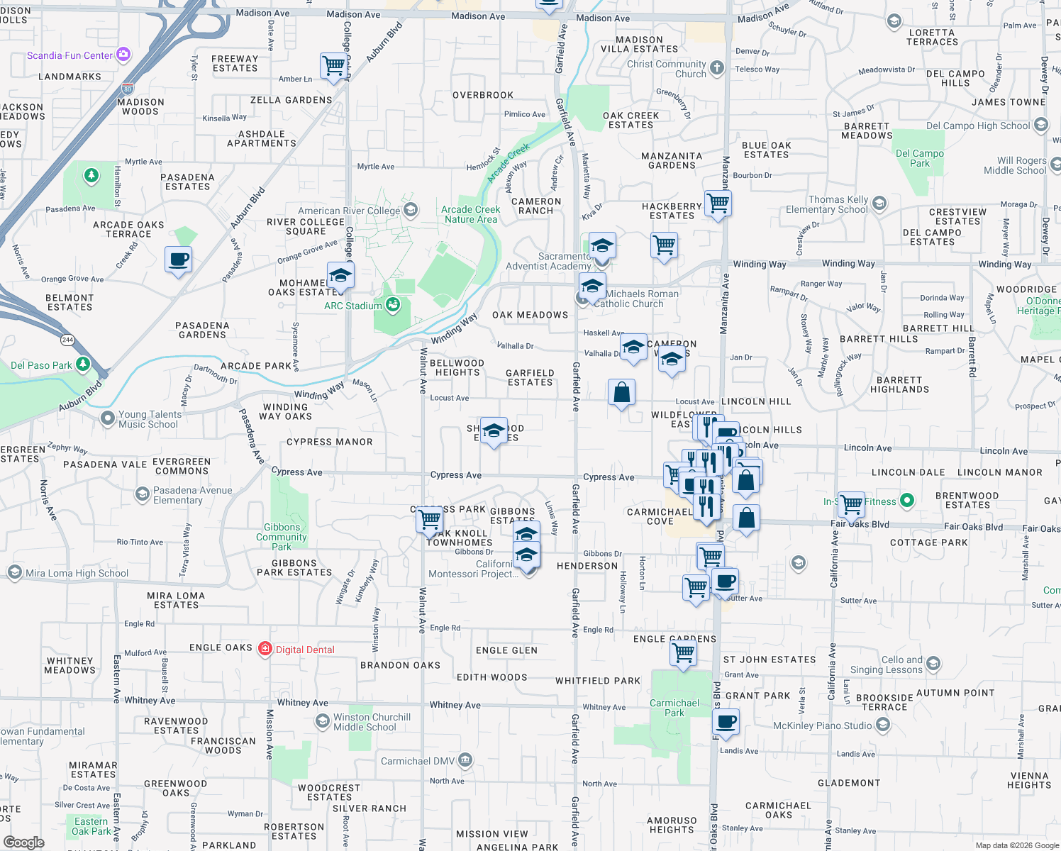 map of restaurants, bars, coffee shops, grocery stores, and more near 5444 Wildflower Circle in Carmichael