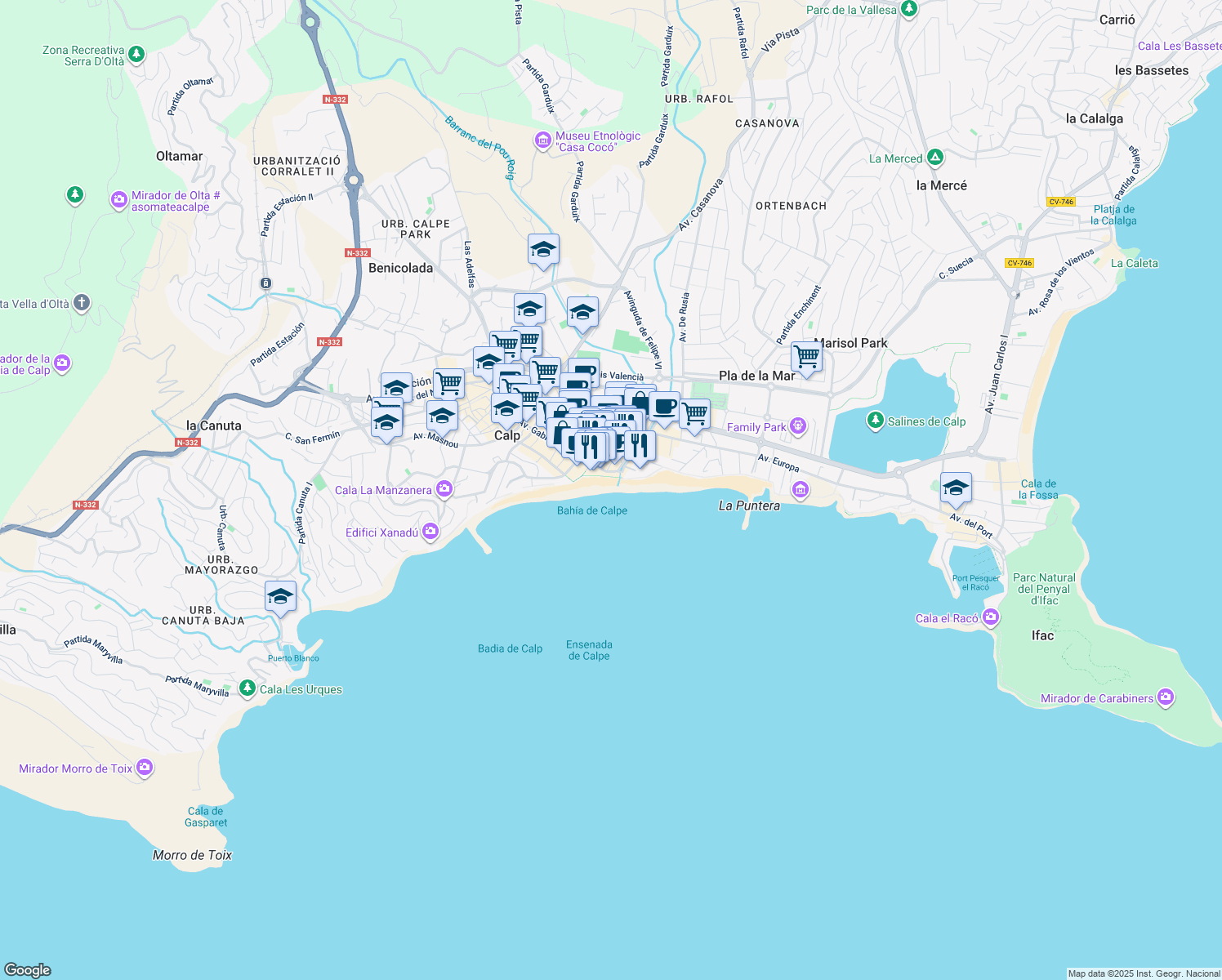 map of restaurants, bars, coffee shops, grocery stores, and more near 17 Calle la Niña in Calp