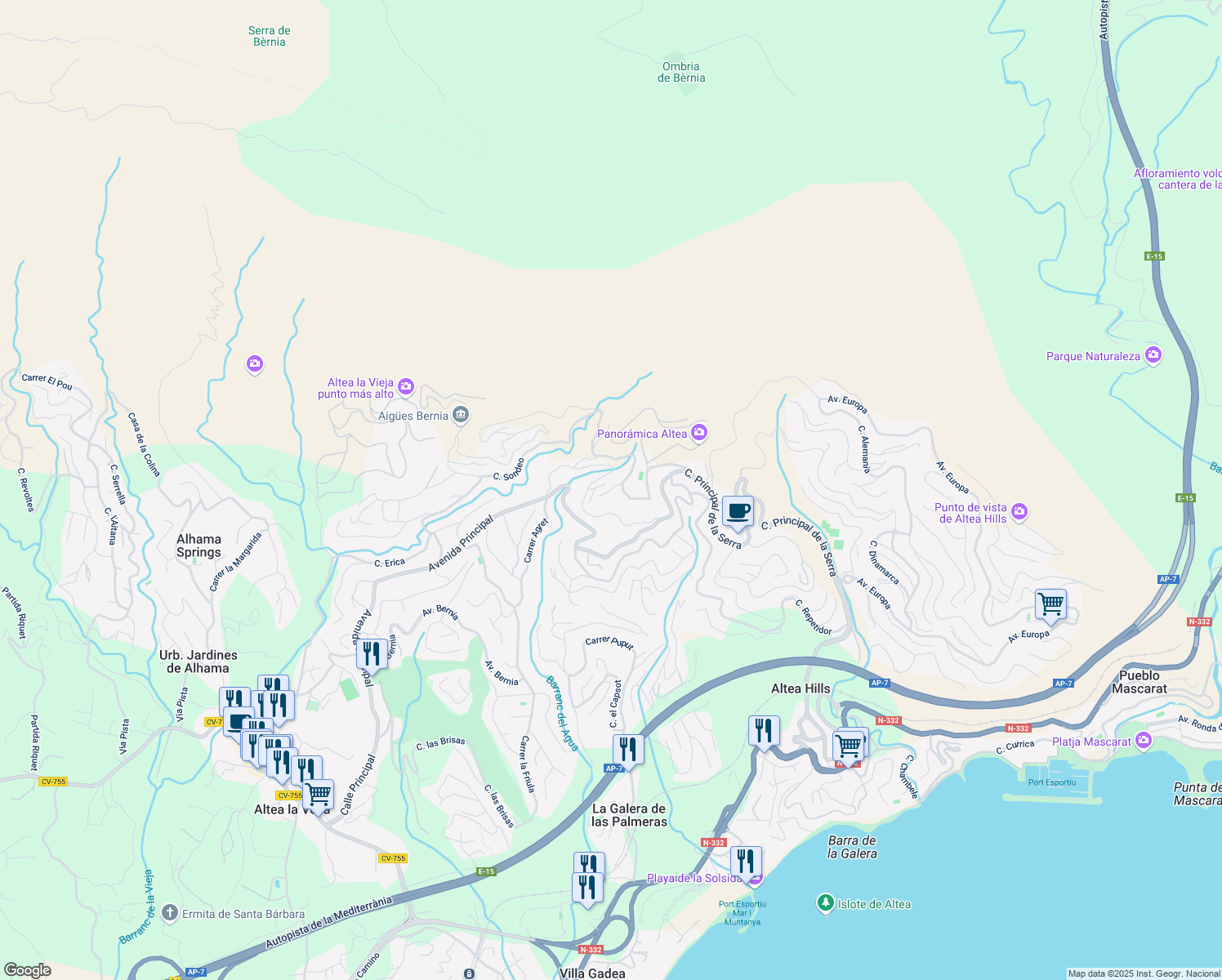 map of restaurants, bars, coffee shops, grocery stores, and more near 6 Calle Giralda de Sevilla in Altea
