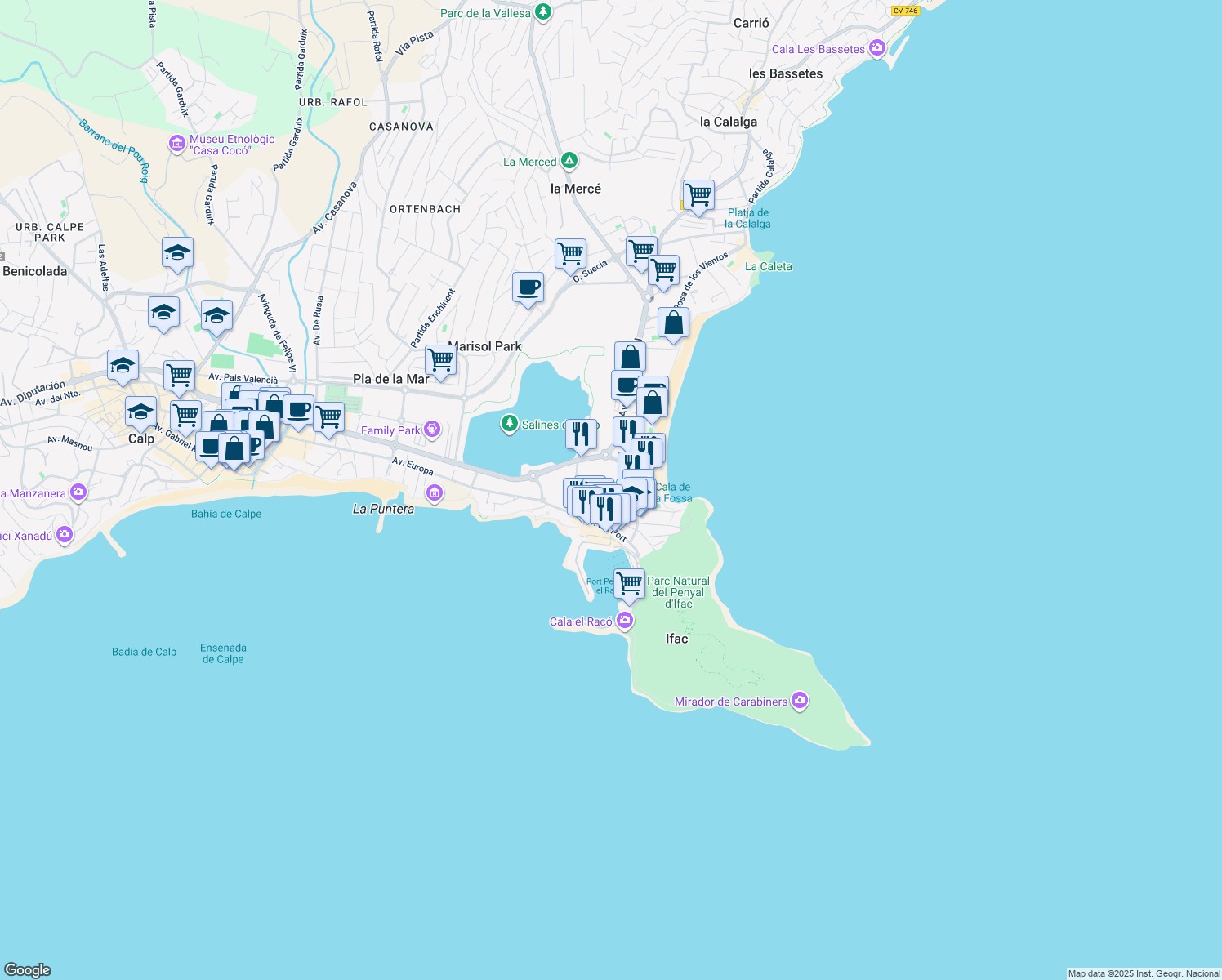 map of restaurants, bars, coffee shops, grocery stores, and more near 4 Calle Teulada in Calpe