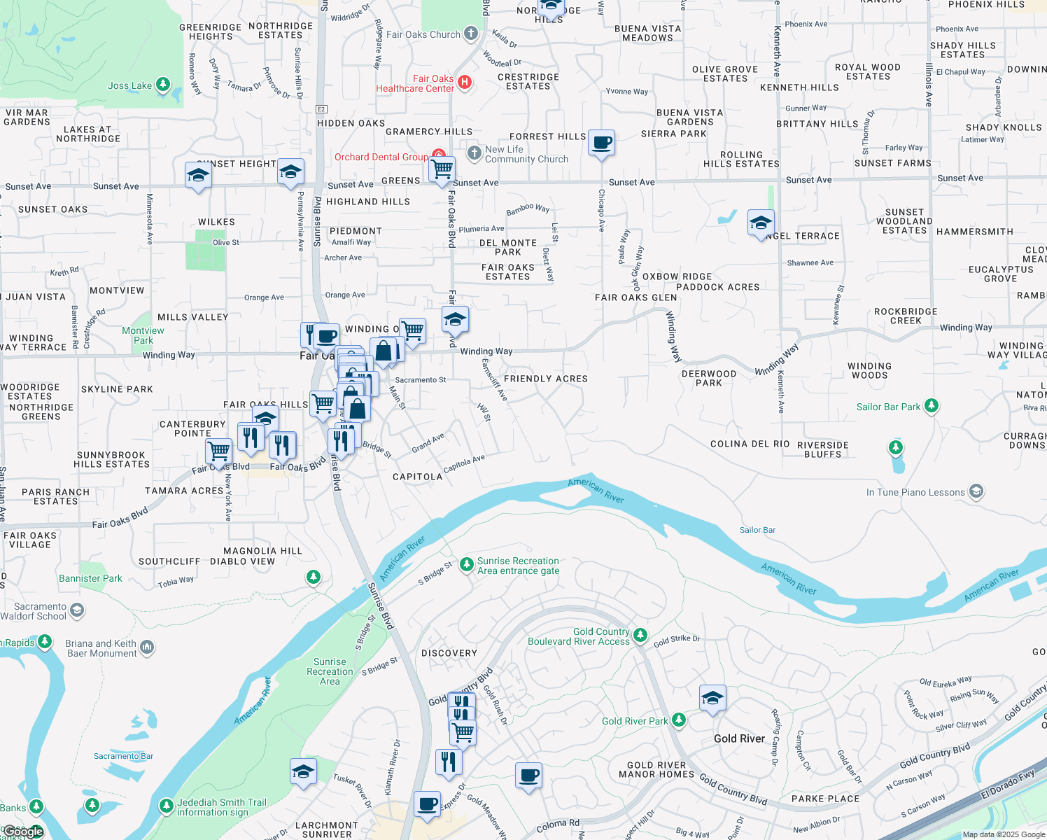 map of restaurants, bars, coffee shops, grocery stores, and more near 4104 Earnscliff Avenue in Fair Oaks