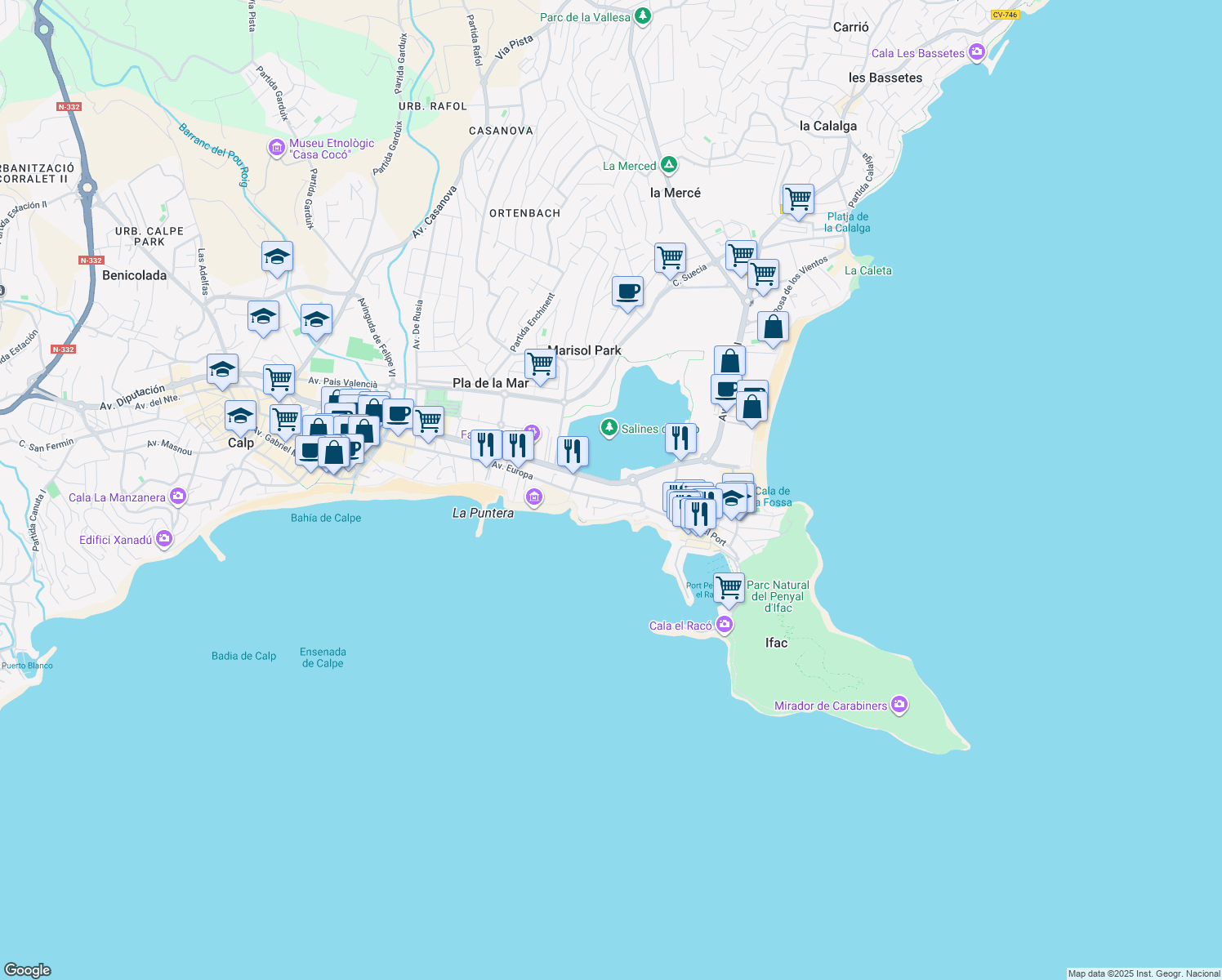 map of restaurants, bars, coffee shops, grocery stores, and more near 29 Avenida de los Ejércitos Españoles in Calpe