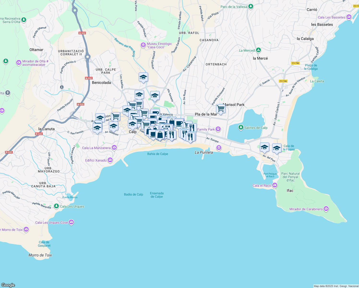 map of restaurants, bars, coffee shops, grocery stores, and more near 12-14 Calle Dinamarca in Calp