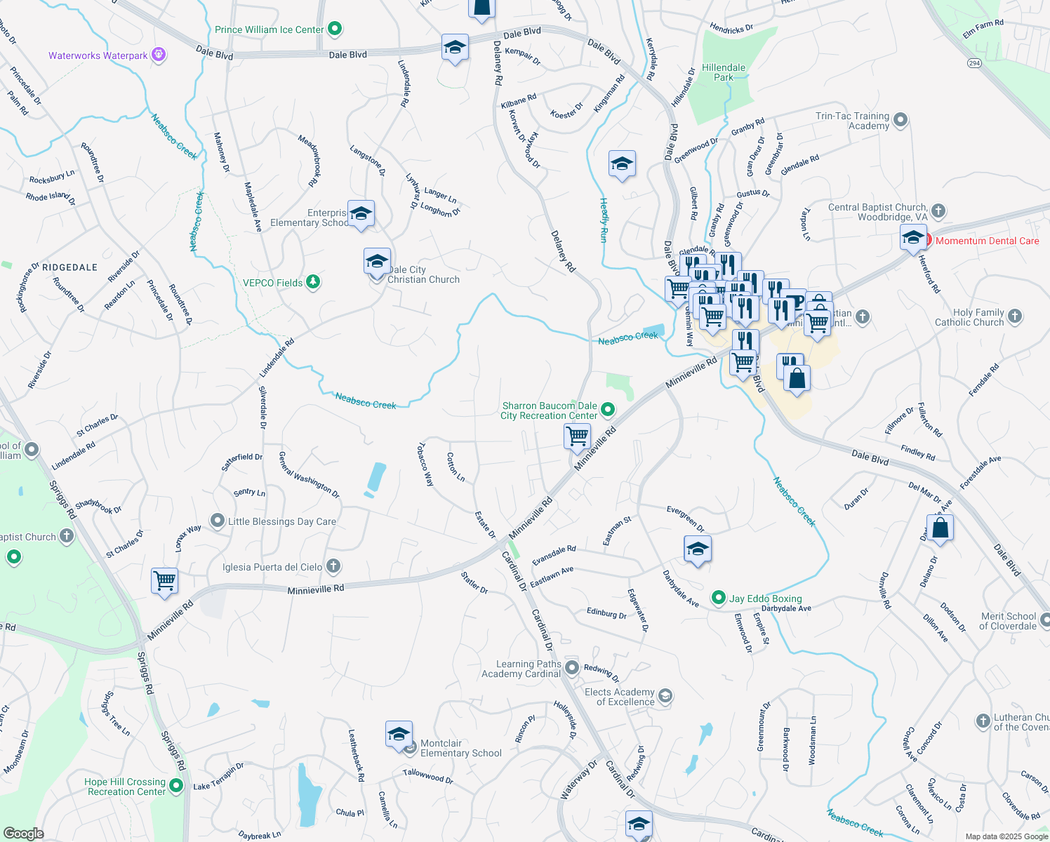map of restaurants, bars, coffee shops, grocery stores, and more near 4707 Still Place in Woodbridge