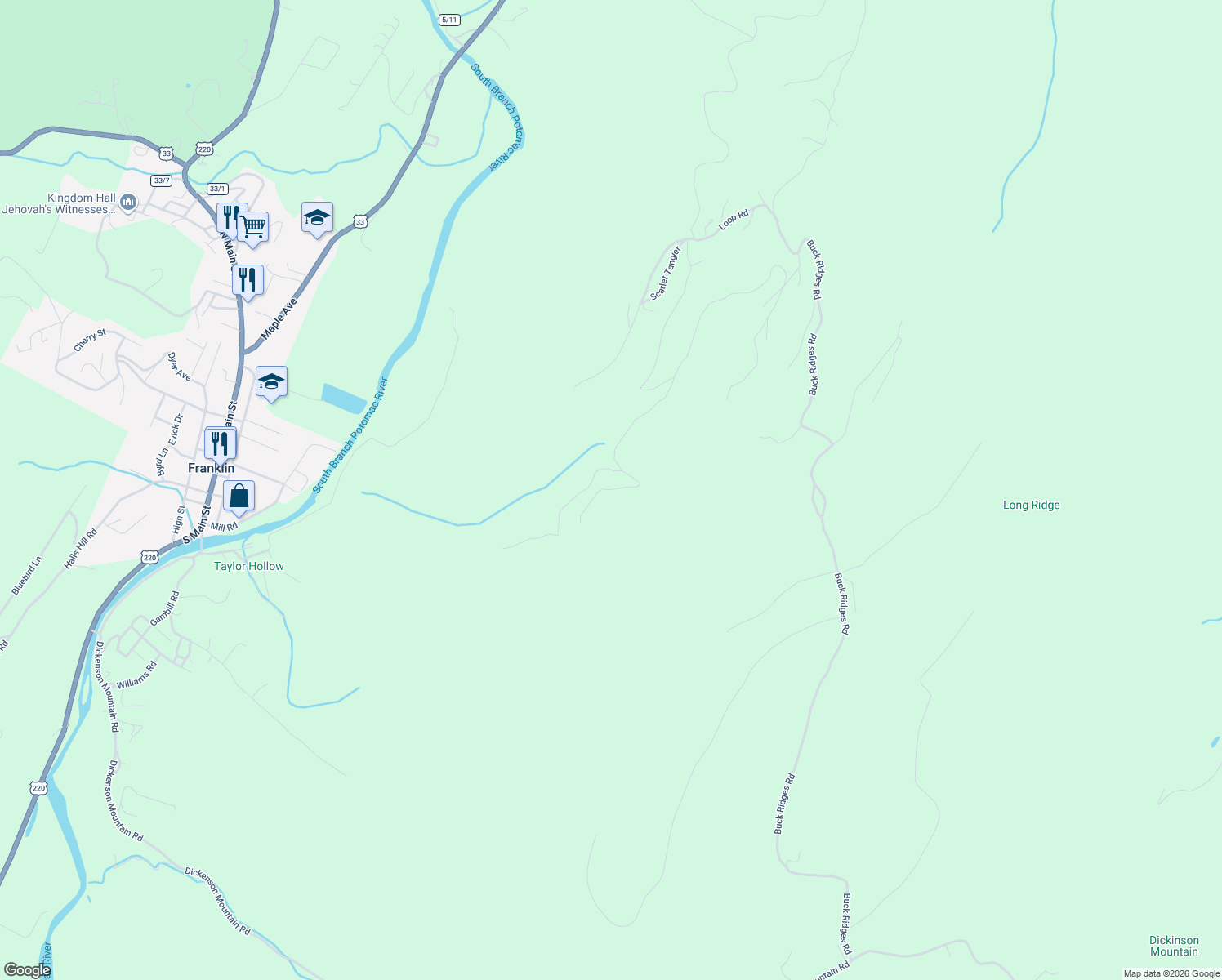 map of restaurants, bars, coffee shops, grocery stores, and more near Bear Cub Trail in Franklin