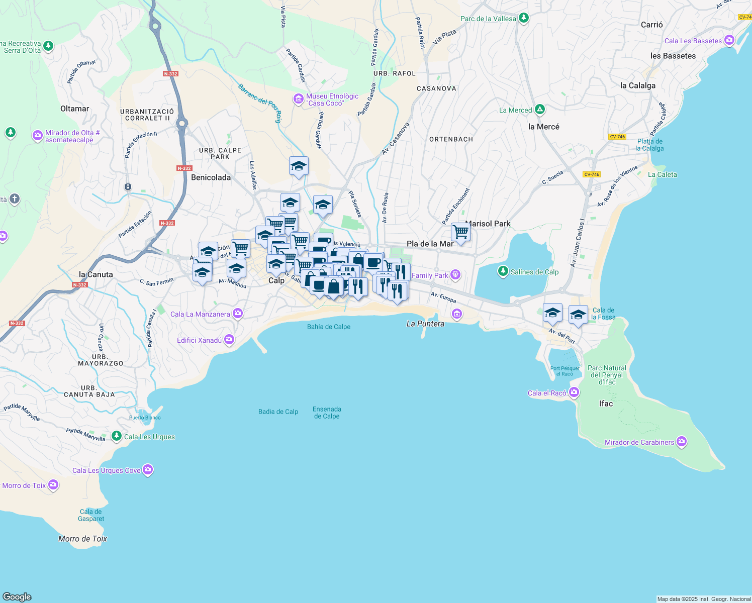 map of restaurants, bars, coffee shops, grocery stores, and more near 12 Calle Dinamarca in Calpe