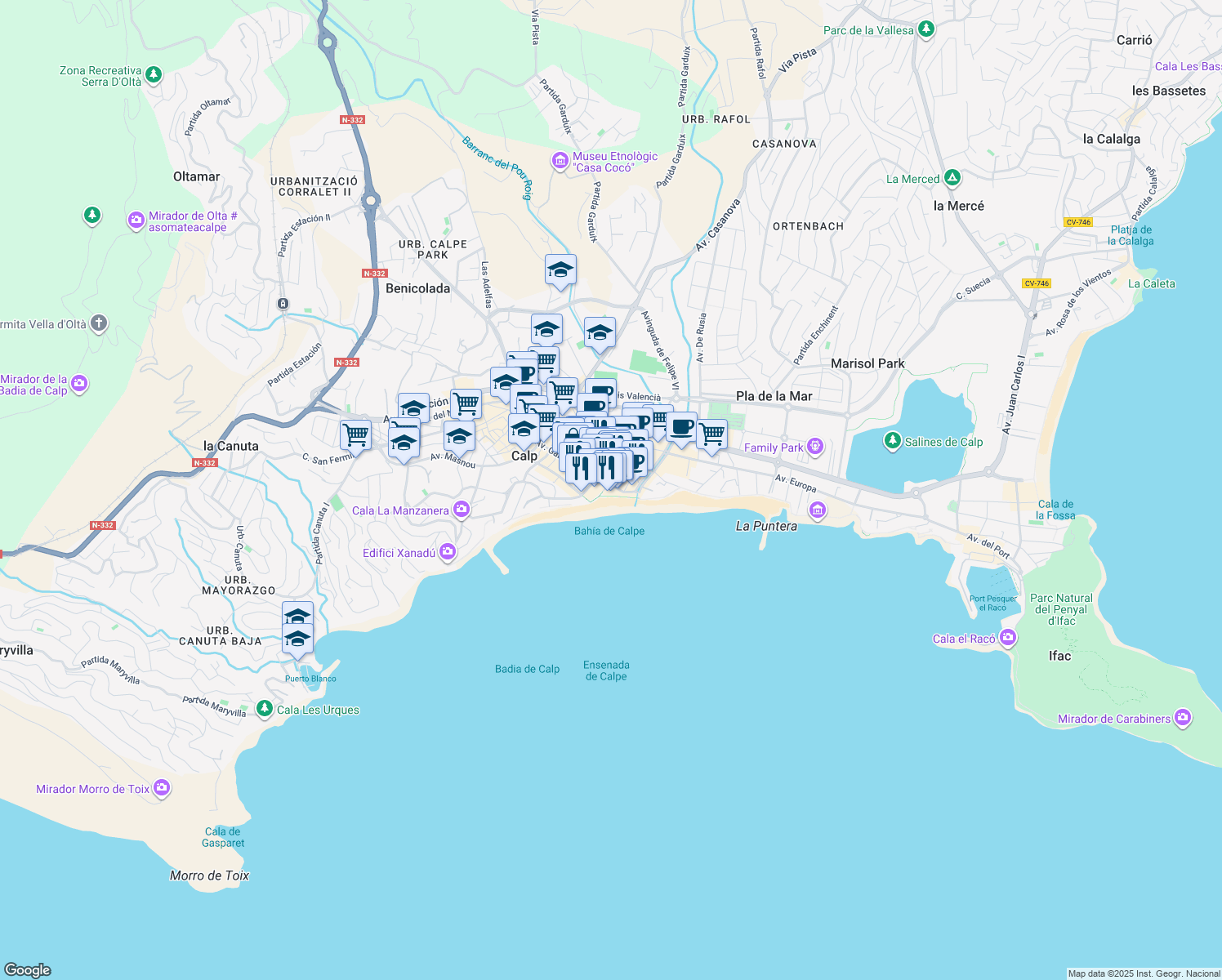 map of restaurants, bars, coffee shops, grocery stores, and more near 2 Carrer Benidorm in Calp