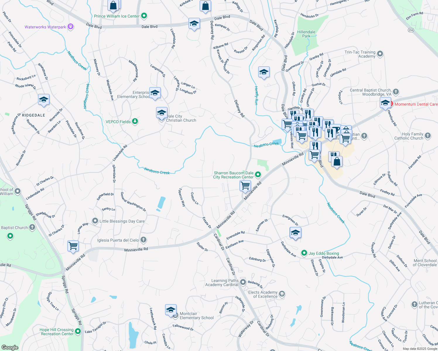 map of restaurants, bars, coffee shops, grocery stores, and more near 4733 Still Place in Woodbridge