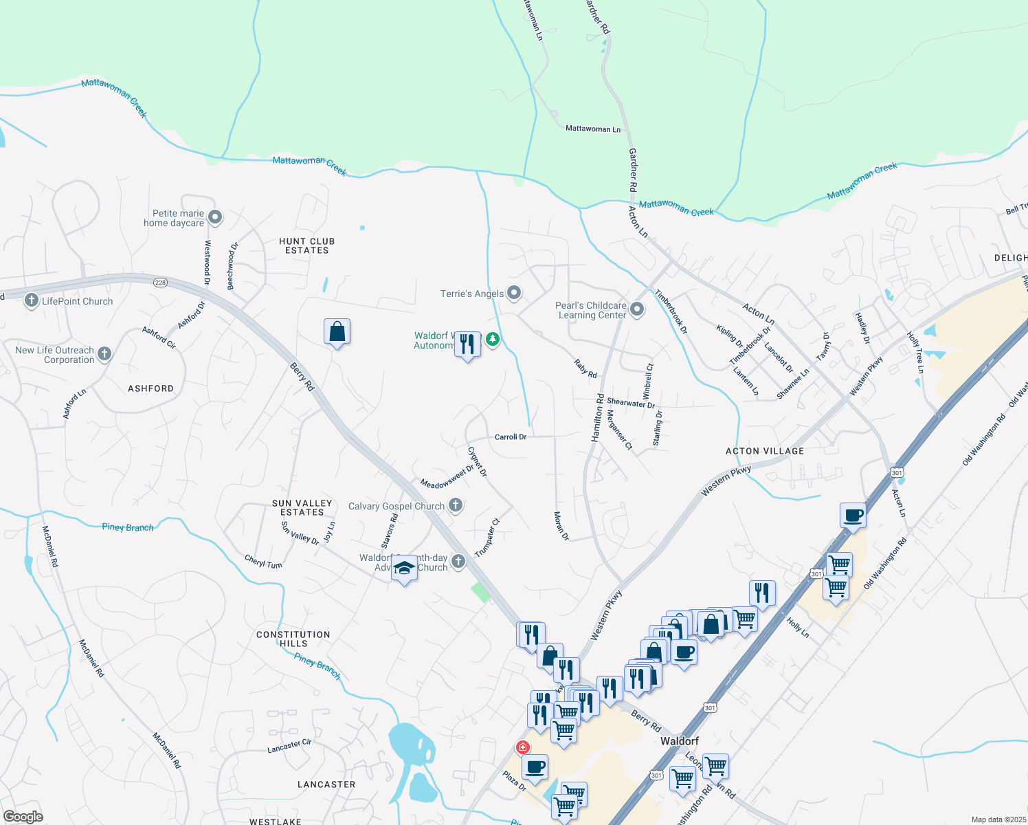 map of restaurants, bars, coffee shops, grocery stores, and more near 2460 Tuckahoe Court in Waldorf