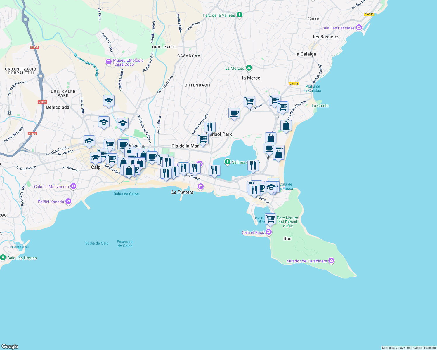 map of restaurants, bars, coffee shops, grocery stores, and more near 54 Avenida de los Ejércitos Españoles in Calp