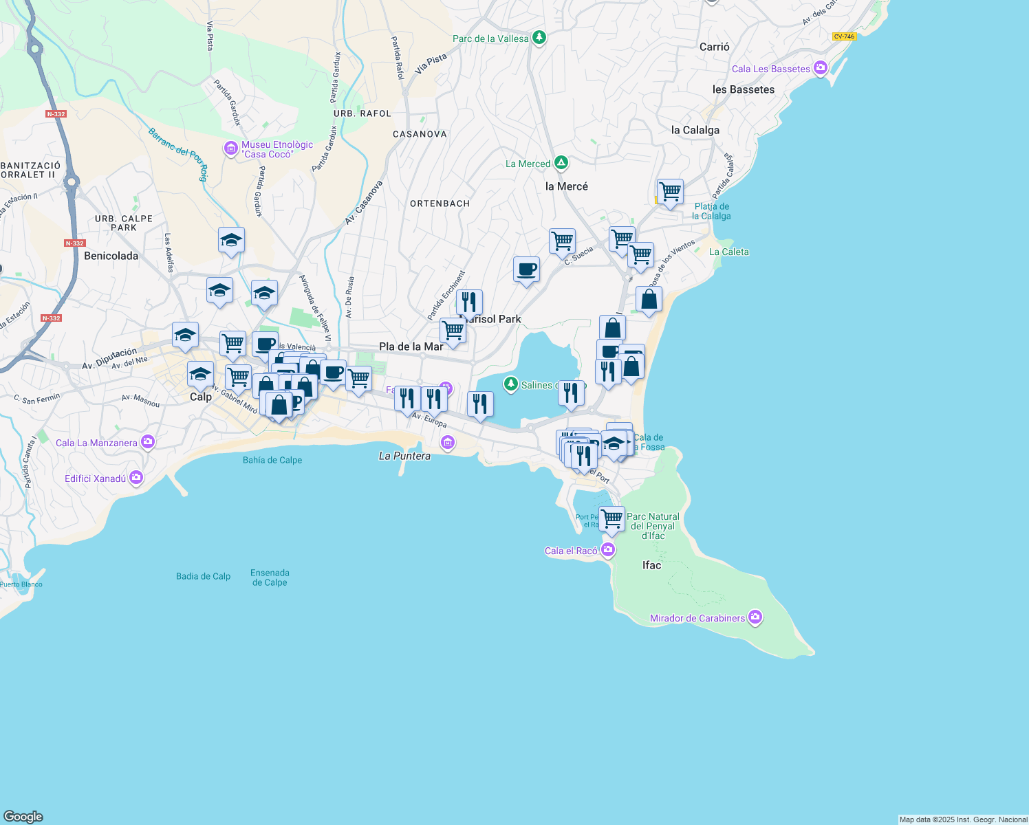 map of restaurants, bars, coffee shops, grocery stores, and more near 29-53 Avenida de los Ejércitos Españoles in Calp