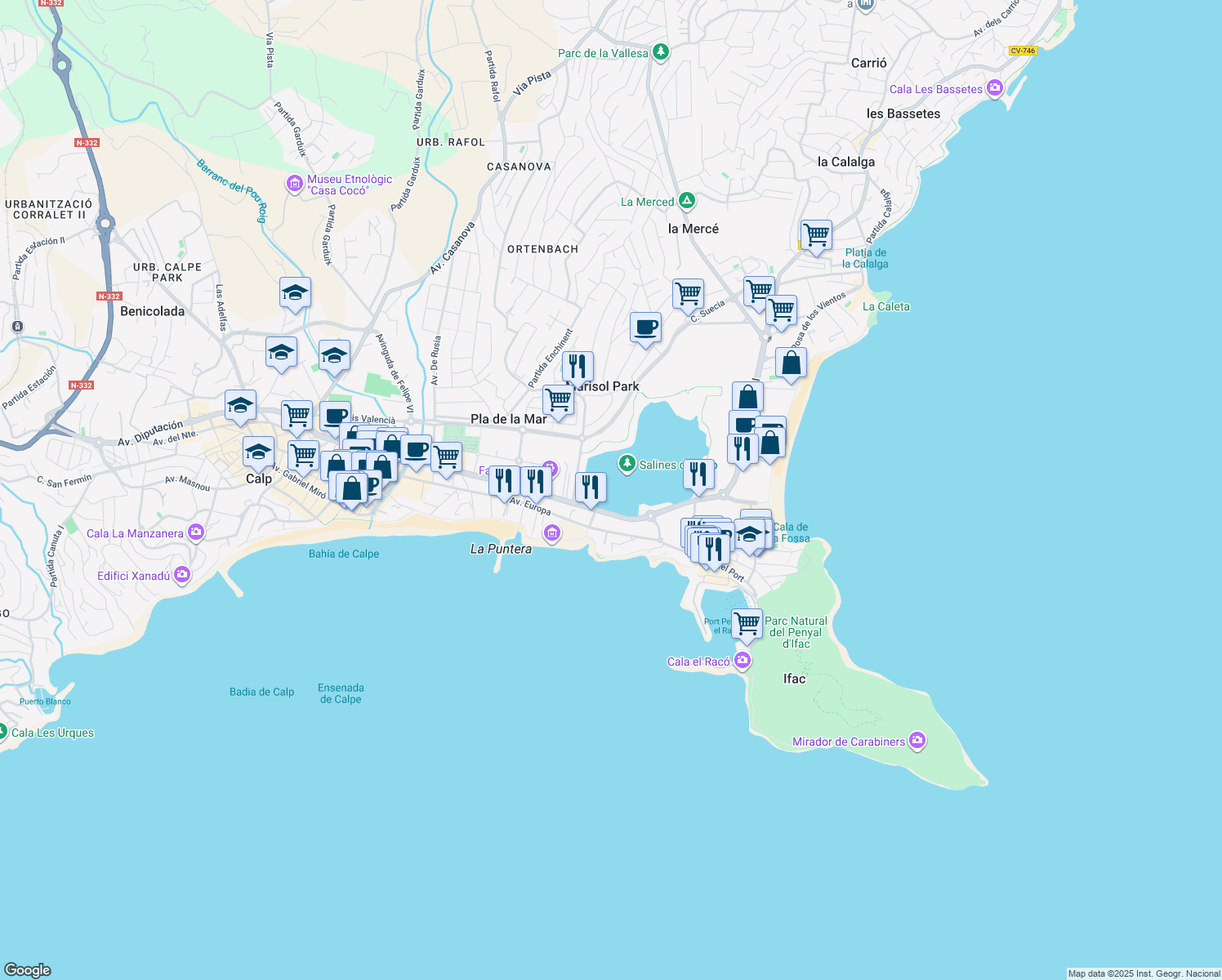 map of restaurants, bars, coffee shops, grocery stores, and more near 29-53 Avenida de los Ejércitos Españoles in Calp