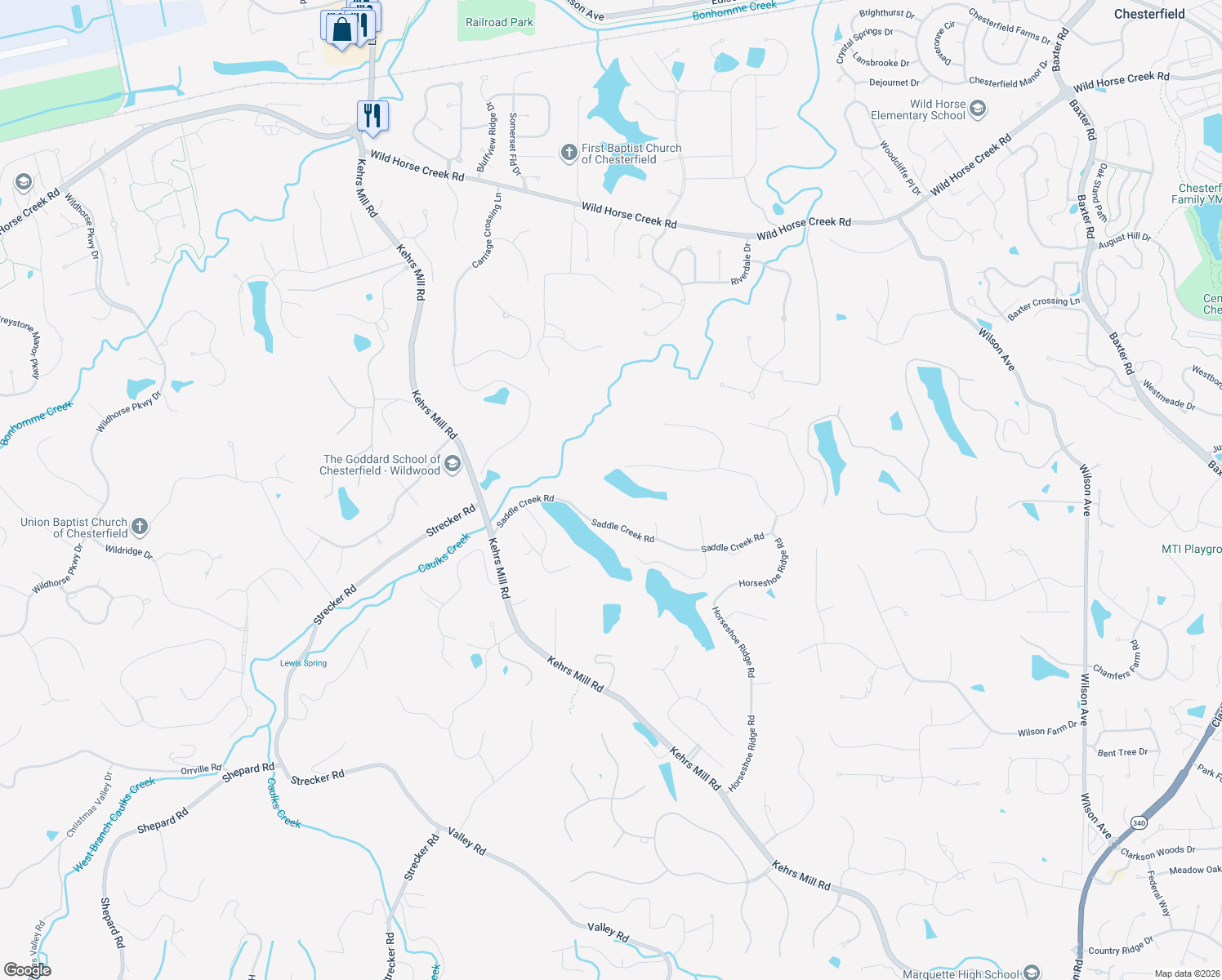 map of restaurants, bars, coffee shops, grocery stores, and more near 16498 Horseshoe Ridge Road in Chesterfield