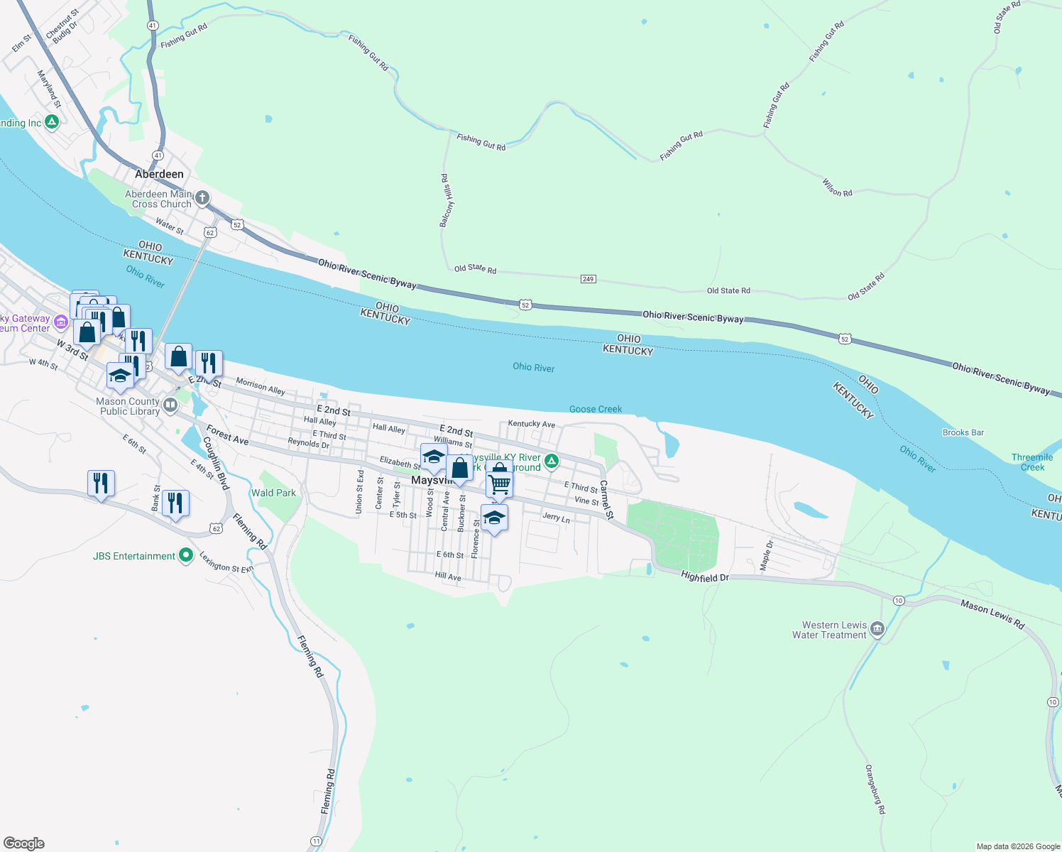 map of restaurants, bars, coffee shops, grocery stores, and more near 1234 Kentucky Avenue in Maysville