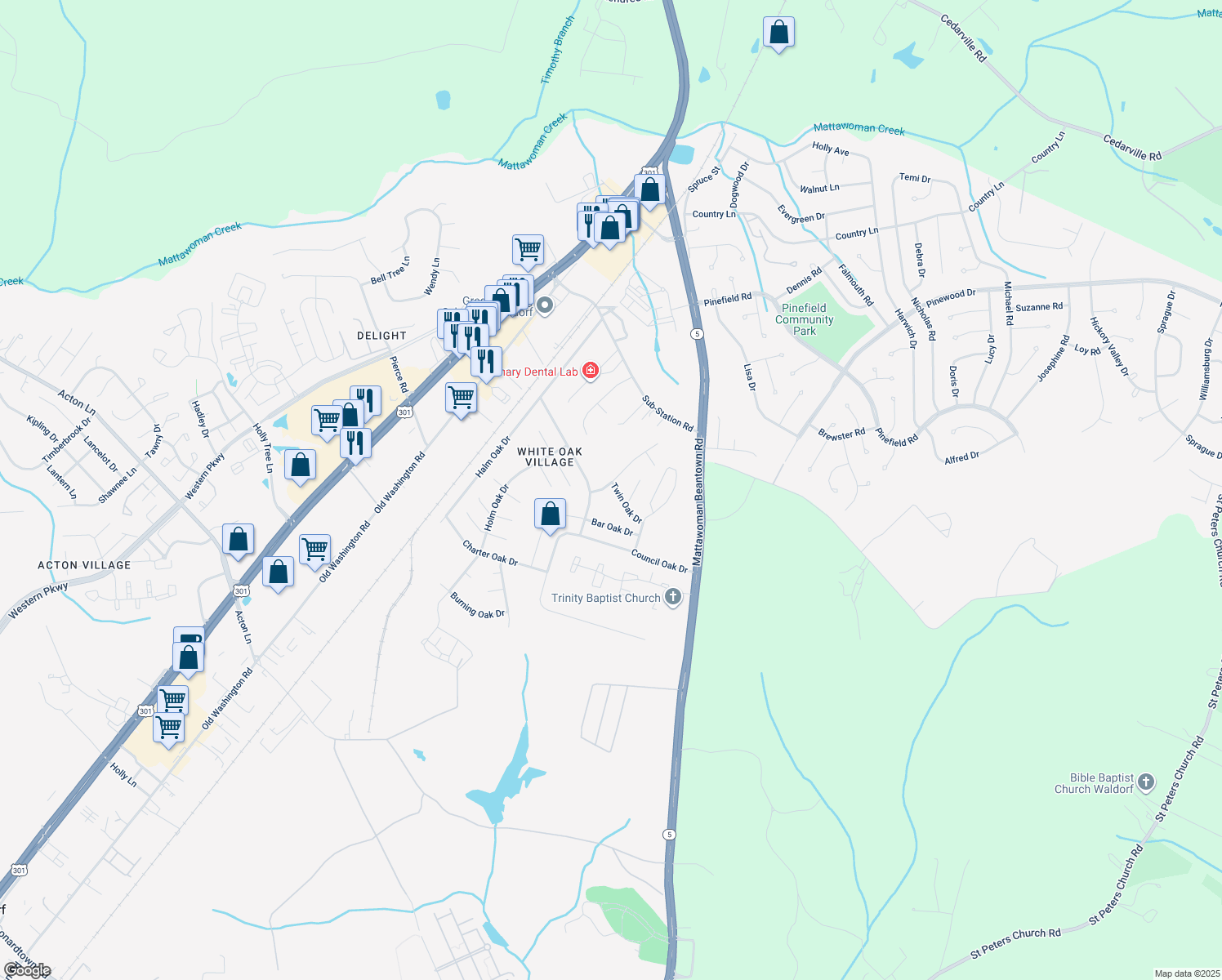 map of restaurants, bars, coffee shops, grocery stores, and more near 1760 Red Oak Lane in Waldorf