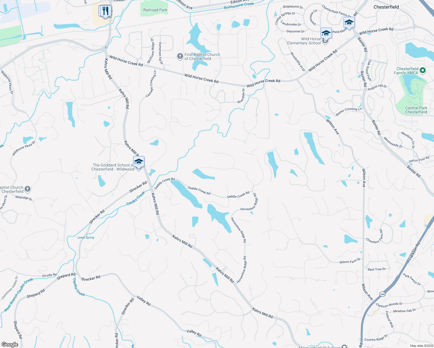 map of restaurants, bars, coffee shops, grocery stores, and more near 16467 Horseshoe Ridge Road in Chesterfield