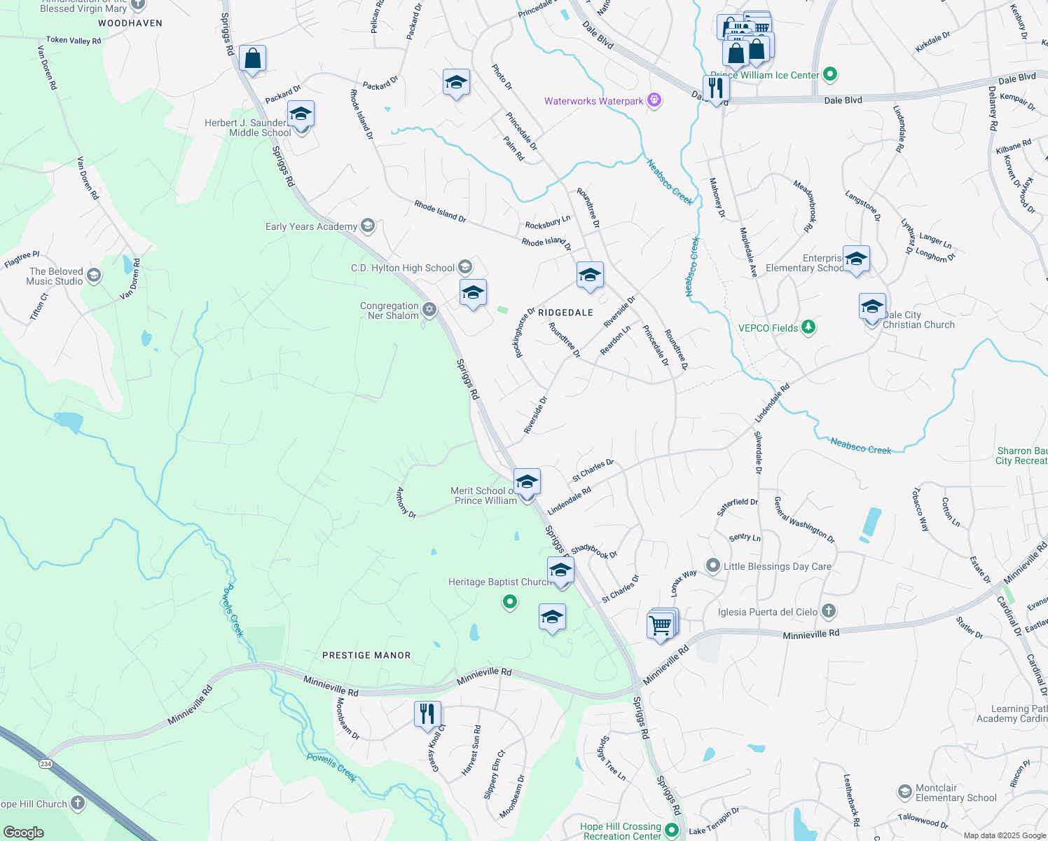 map of restaurants, bars, coffee shops, grocery stores, and more near 14328 Rabson Court in Woodbridge