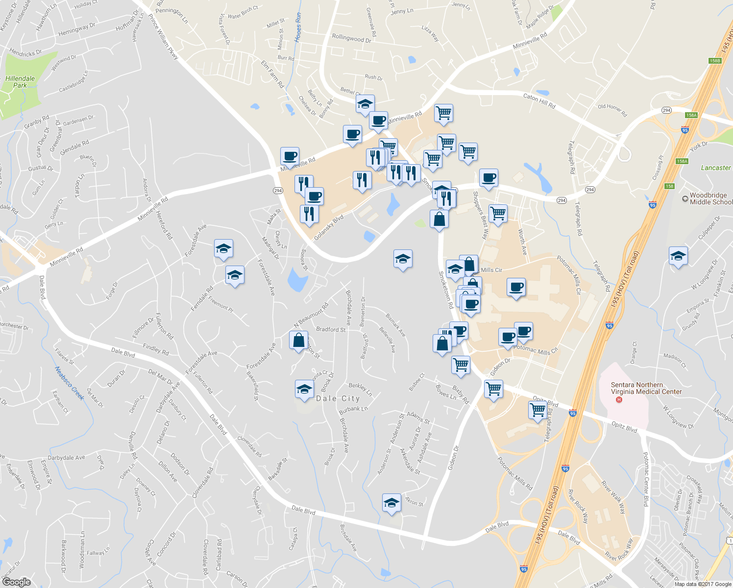 map of restaurants, bars, coffee shops, grocery stores, and more near 14215 Bremerton Drive in Woodbridge