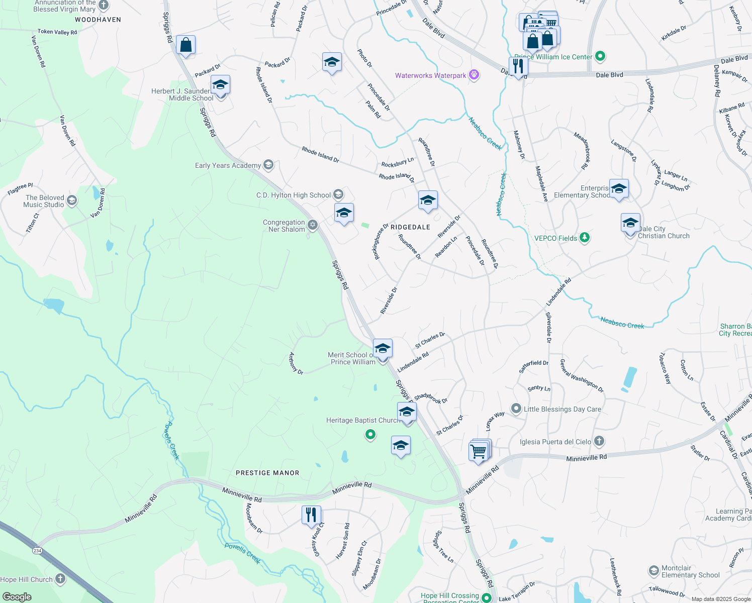 map of restaurants, bars, coffee shops, grocery stores, and more near 14324 Rabson Court in Woodbridge
