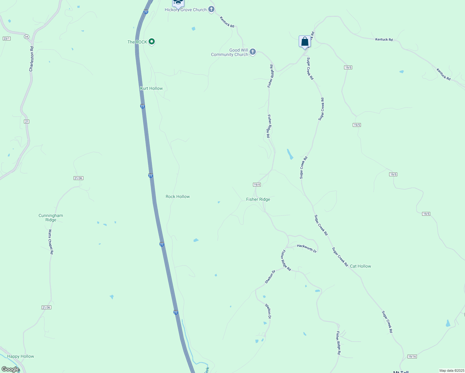 map of restaurants, bars, coffee shops, grocery stores, and more near 1036 Fisher Ridge Road in Kenna