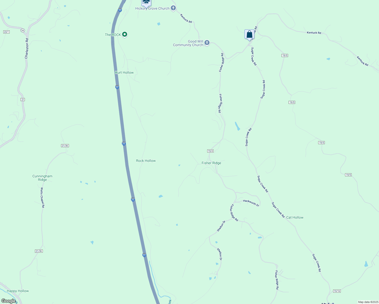map of restaurants, bars, coffee shops, grocery stores, and more near 1036 Fisher Ridge Road in Kenna