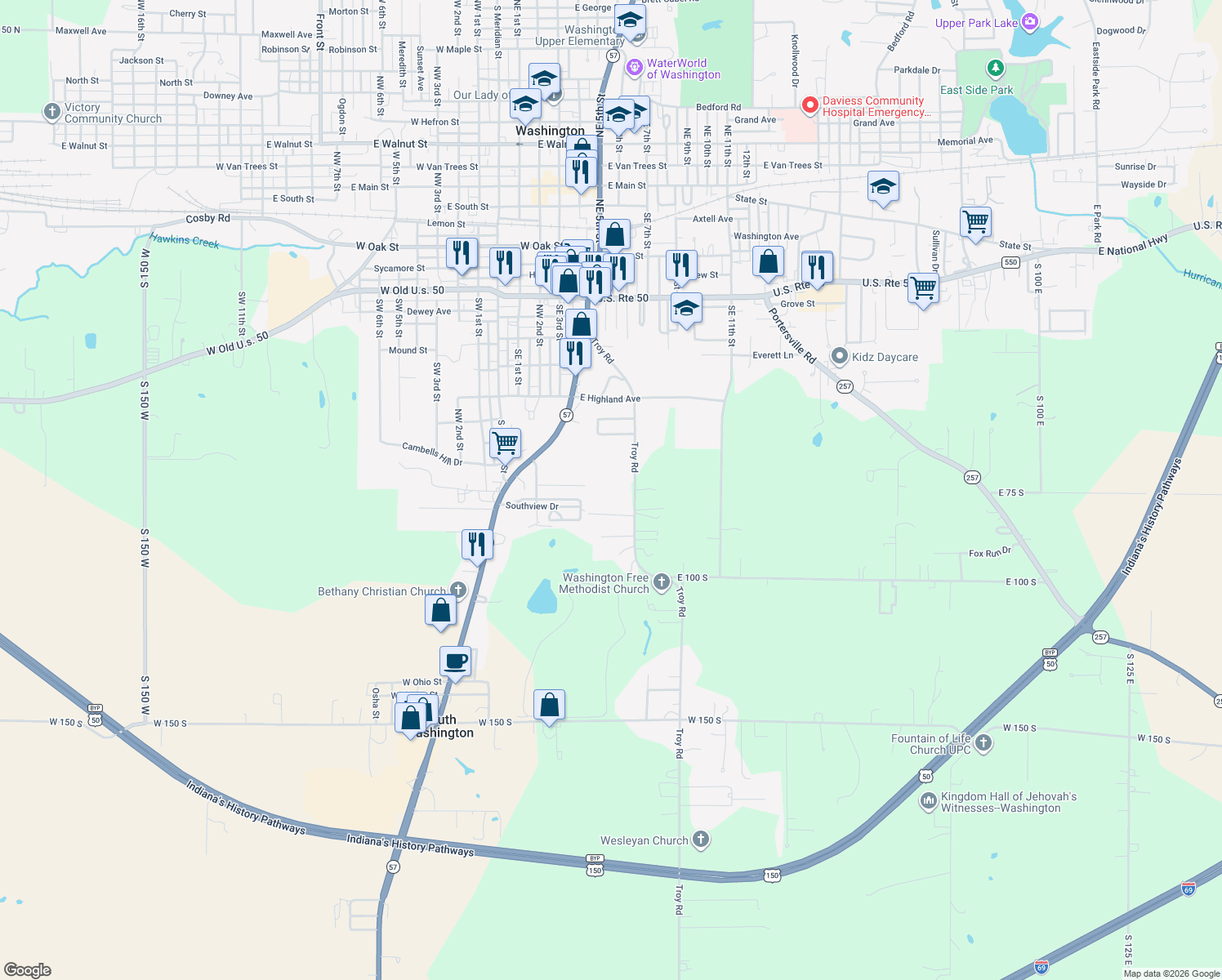 map of restaurants, bars, coffee shops, grocery stores, and more near 891 Troy Road in Washington