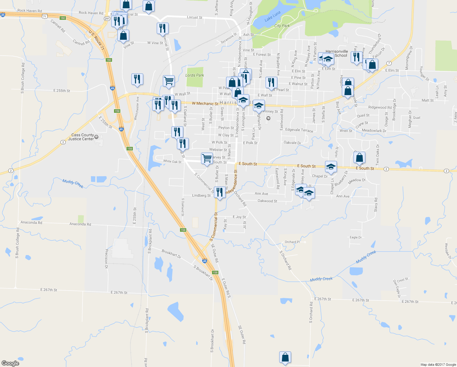map of restaurants, bars, coffee shops, grocery stores, and more near 1601 South Main Street in Harrisonville