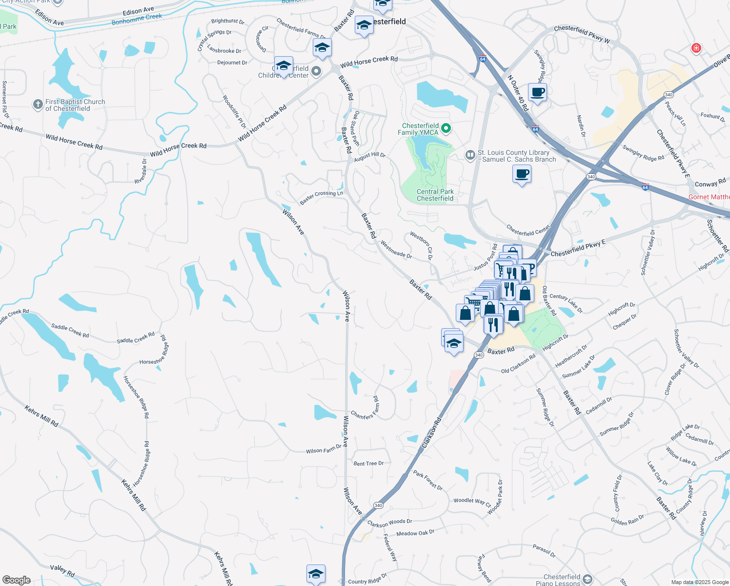 map of restaurants, bars, coffee shops, grocery stores, and more near 1756 Baxter Forest Valley Court in Chesterfield
